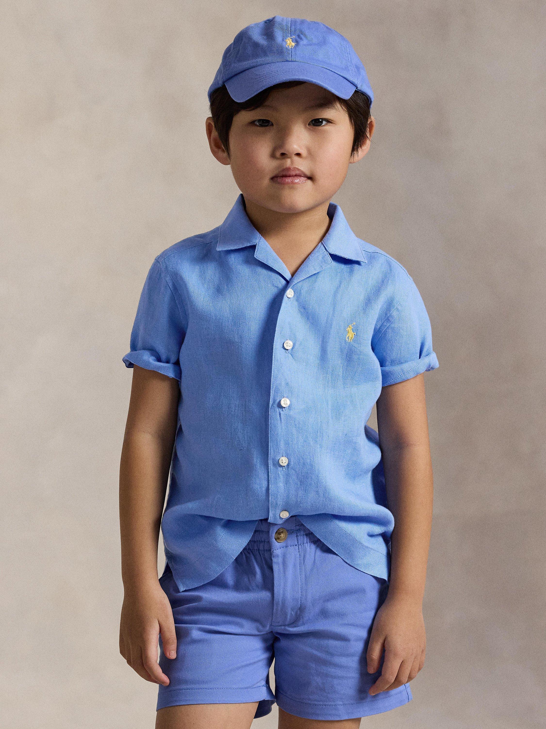Product image 1 of 8, which shows Ralph Lauren Kids' Linen Short Sleeve Shirt, Harbour Blue, 2 years