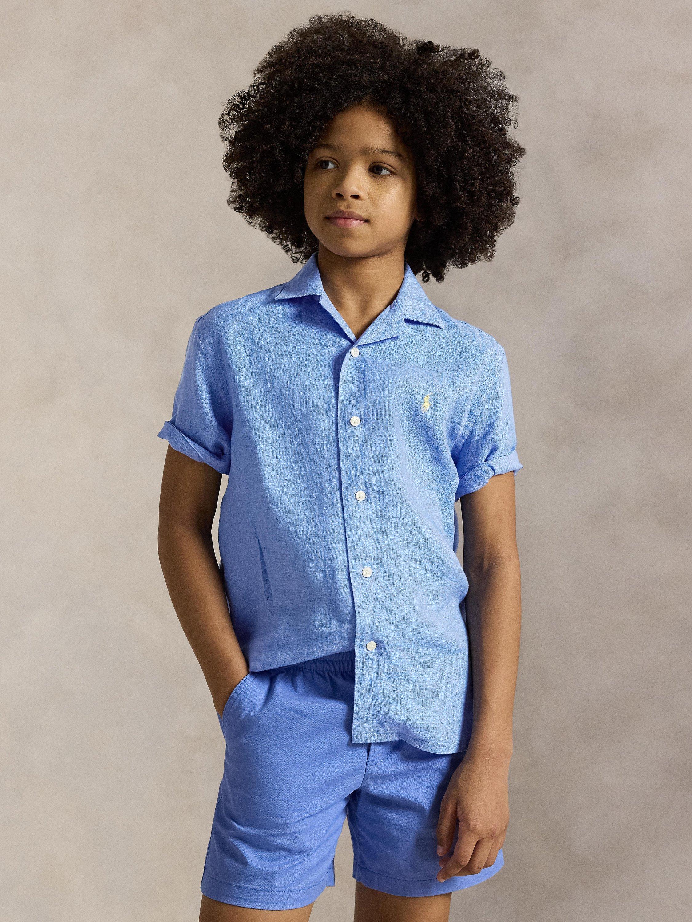 Product image 5 of 8, which shows Ralph Lauren Kids' Linen Short Sleeve Shirt, Harbour Blue, 2 years