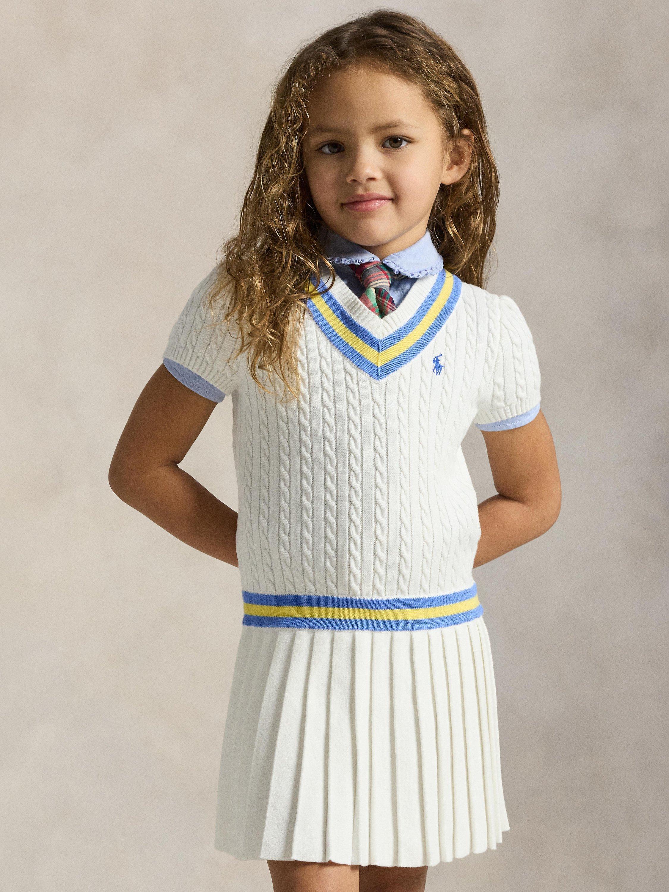 Product image 1 of 8, which shows Polo Ralph Lauren Kids' Cricket Stripe Cotton Jumper Dress, White/Blue, 4 years