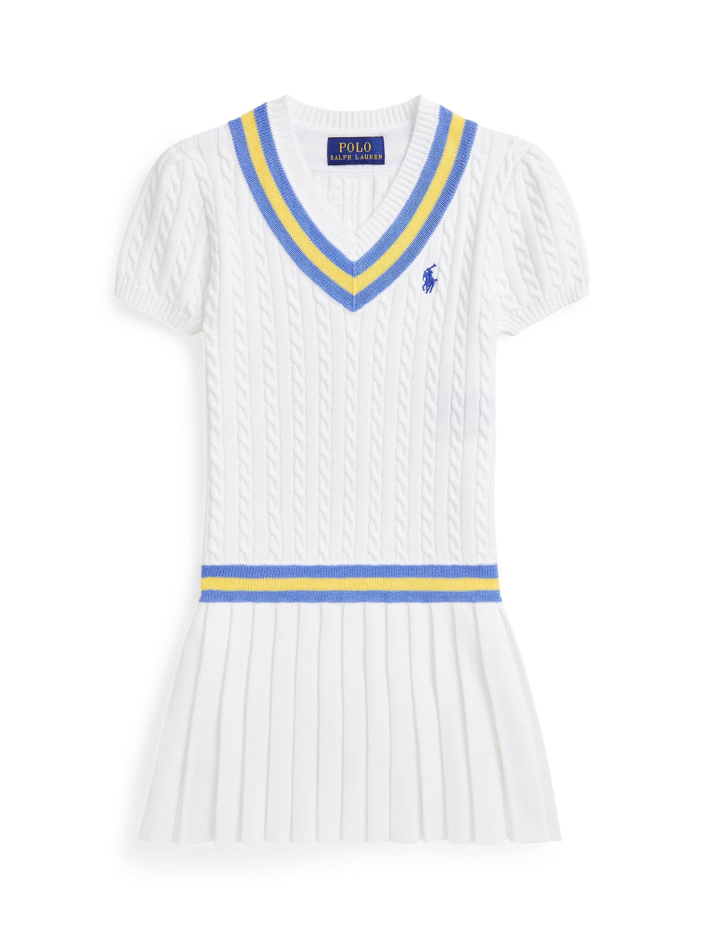 Product image 3 of 8, which shows Polo Ralph Lauren Kids' Cricket Stripe Cotton Jumper Dress, White/Blue, 4 years
