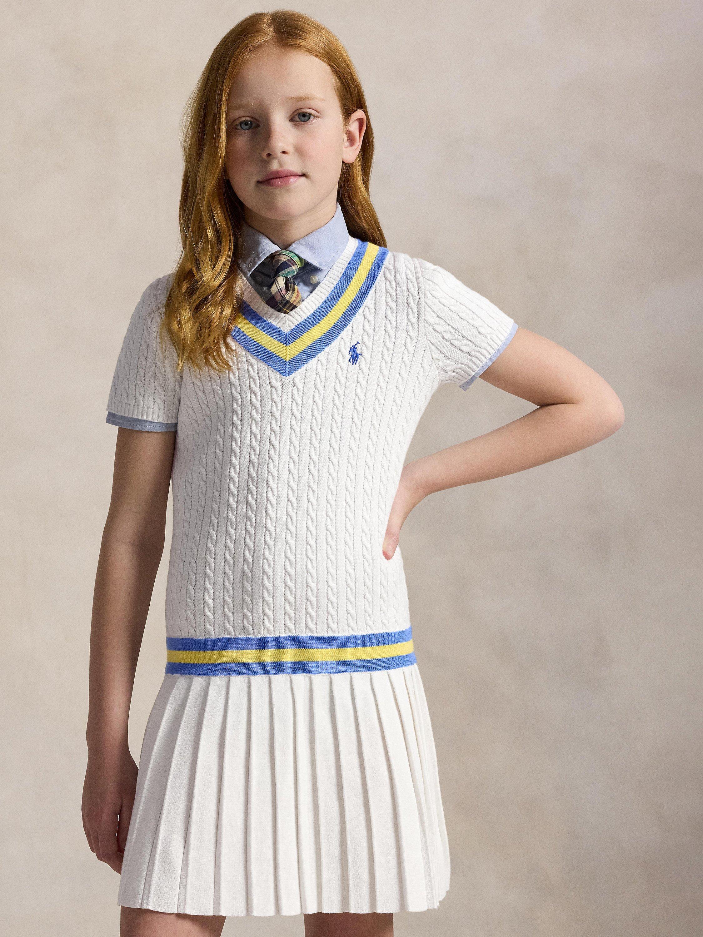 Product image 5 of 8, which shows Polo Ralph Lauren Kids' Cricket Stripe Cotton Jumper Dress, White/Blue, 4 years