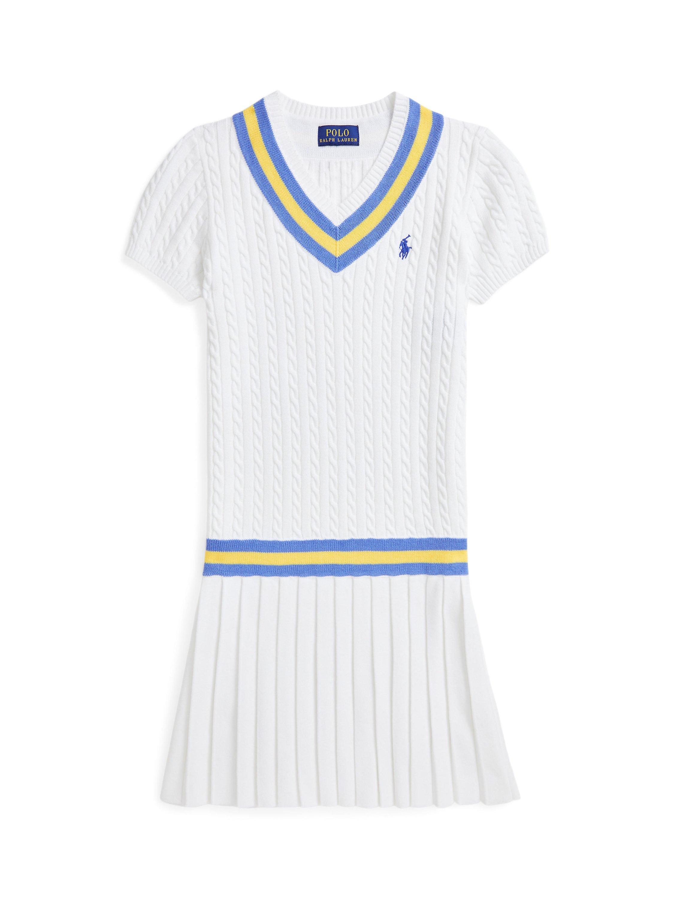 Product image 7 of 8, which shows Polo Ralph Lauren Kids' Cricket Stripe Cotton Jumper Dress, White/Blue, 4 years