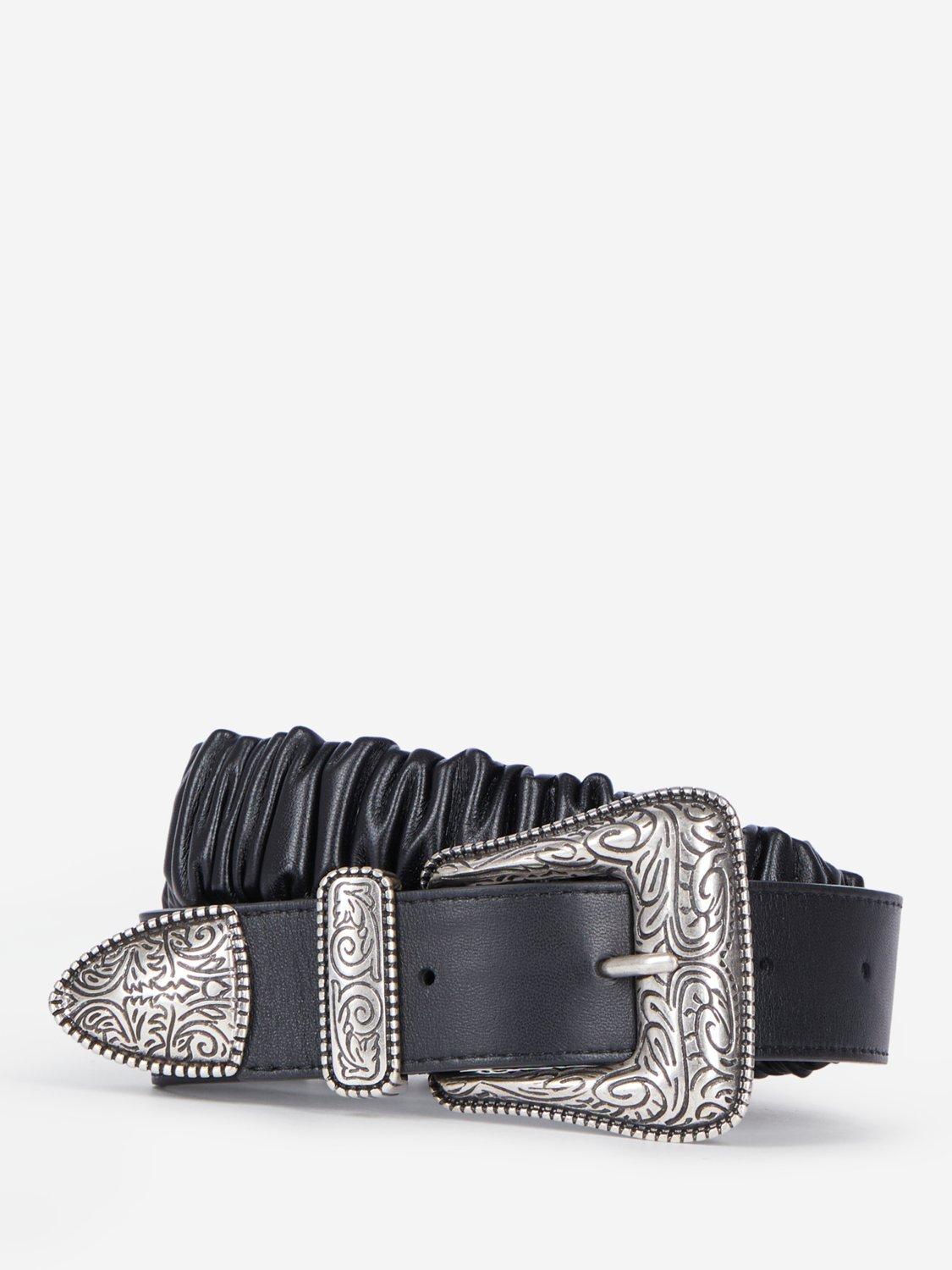 Product image 1 of 3, which shows Skinny Gathered Leather Skinny Belt, Black, S