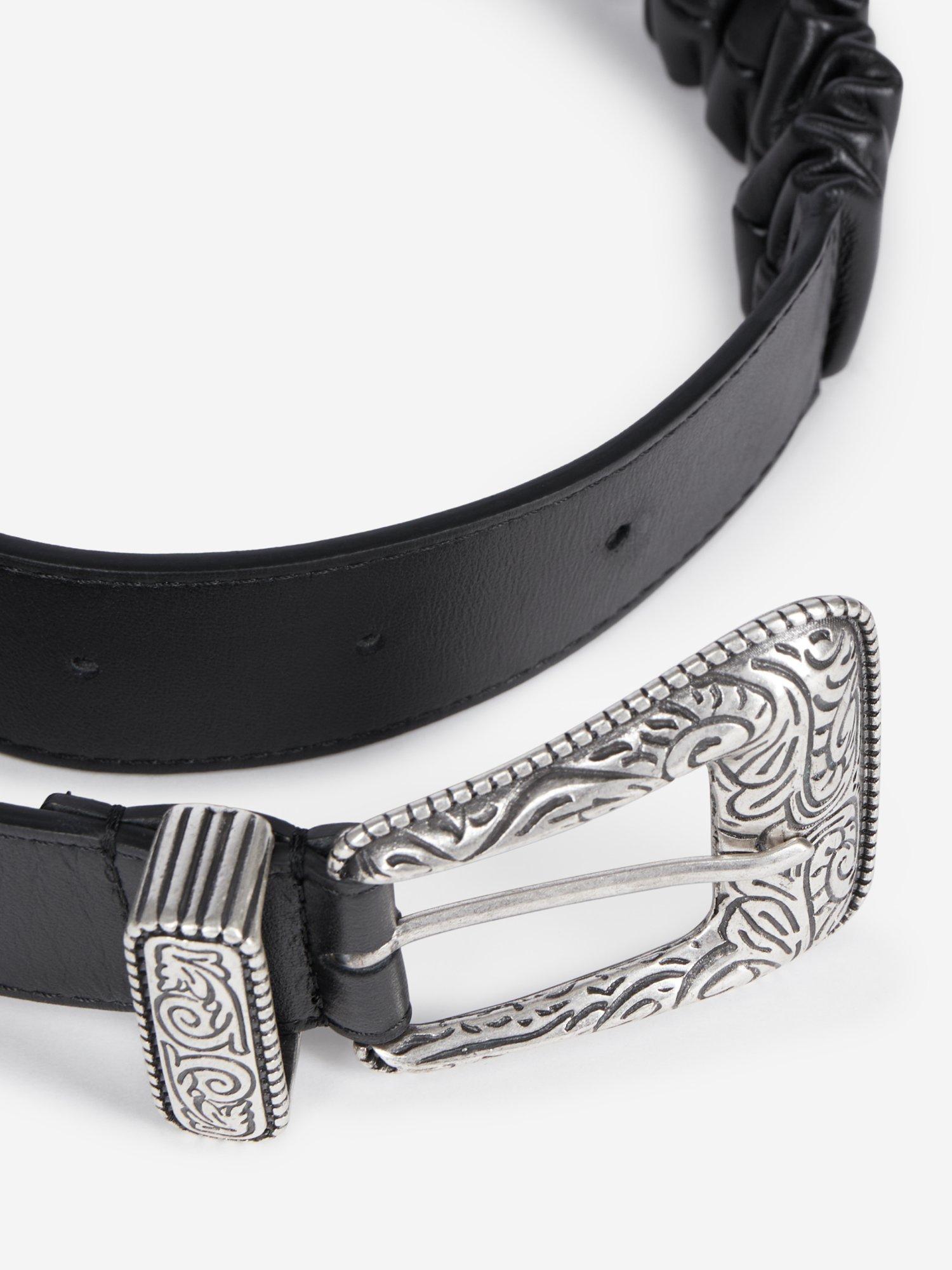 Product image 3 of 3, which shows Skinny Gathered Leather Skinny Belt, Black, S