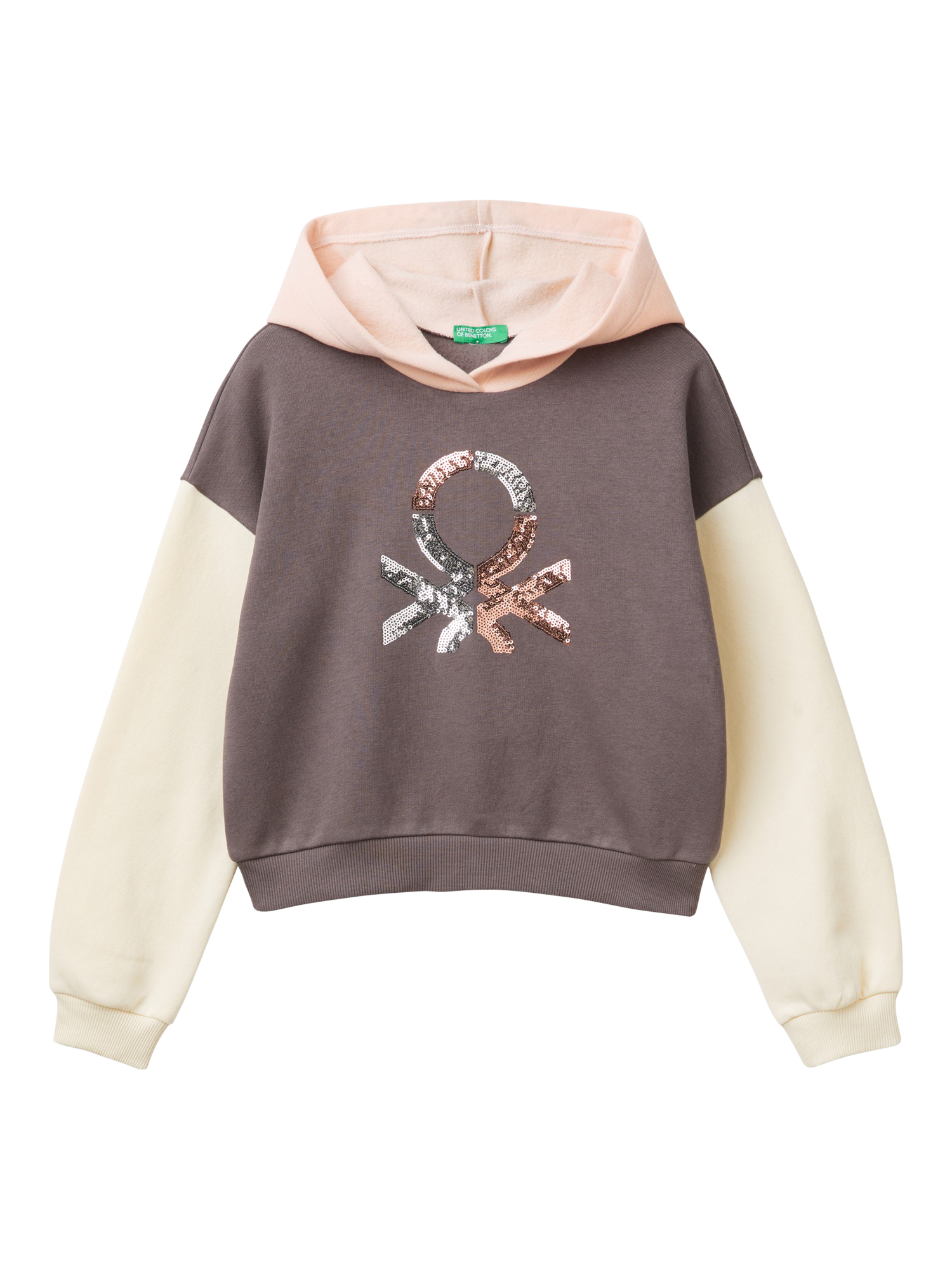 Benetton Kids' Cropped Colour Block Logo Hoodie, Multi