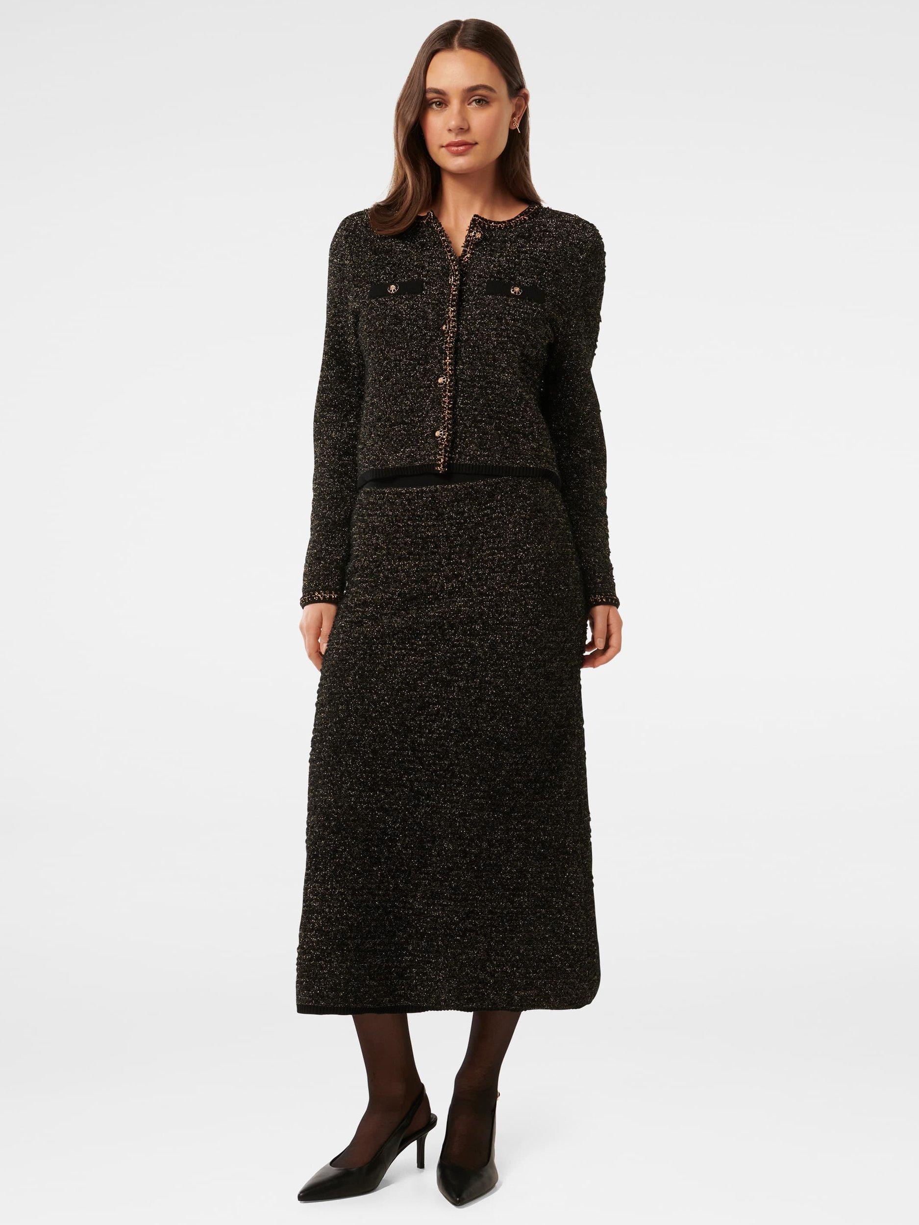 Product image 1 of 3, which shows Forever New Anais Tweed Midi Skirt, Black/Gold, L