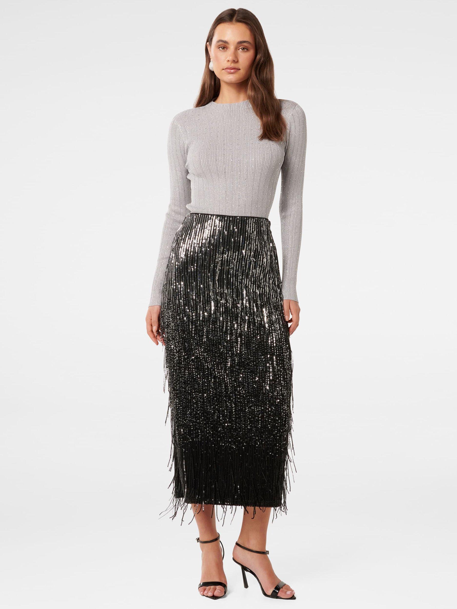 Forever New Aria Tassel Sequin Skirt Black Silver
