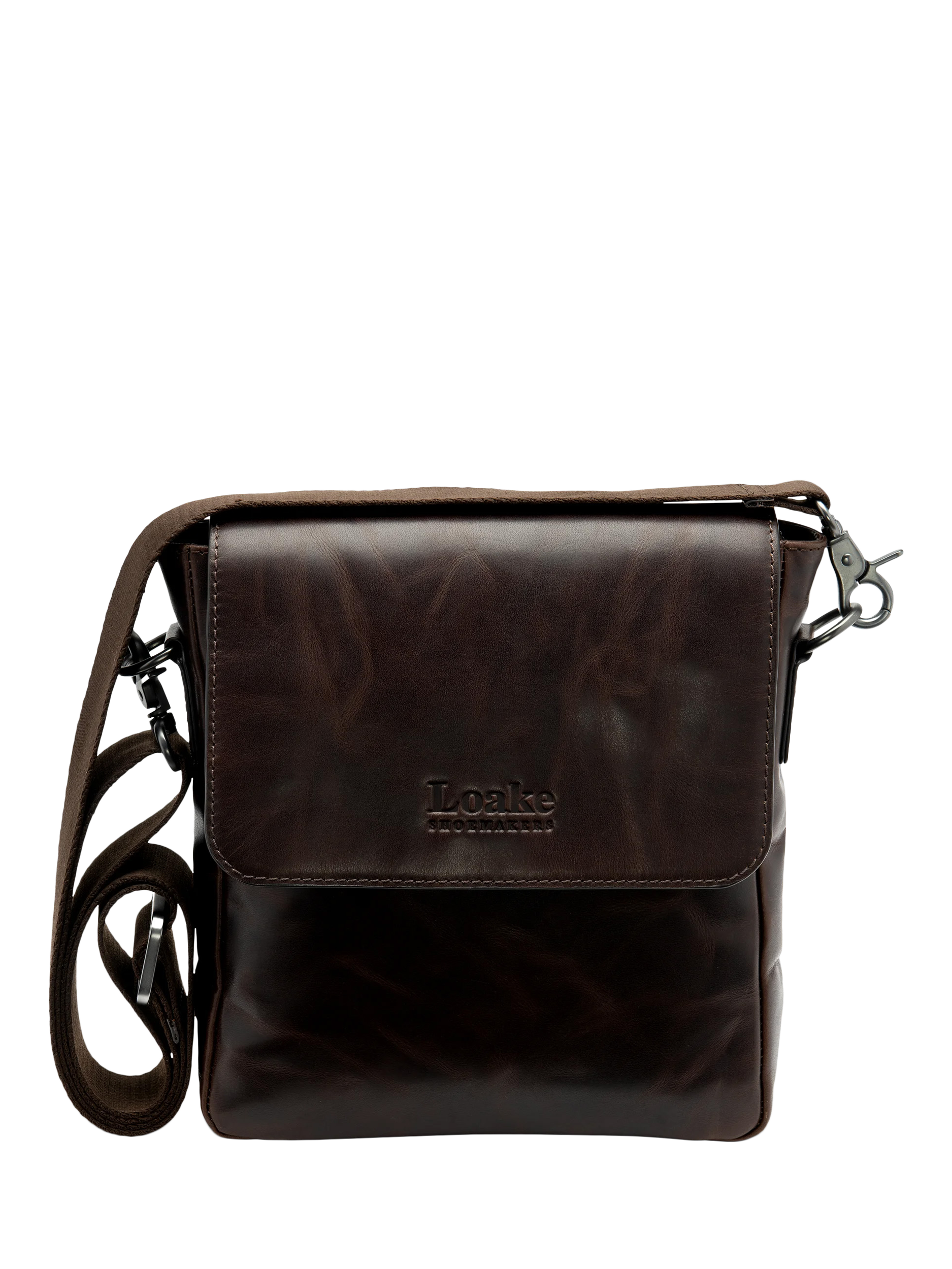 Product image 1 of 3, which shows Loake Stratford Vintage Waxy Leather Crossbody Bag, Dark Brown
