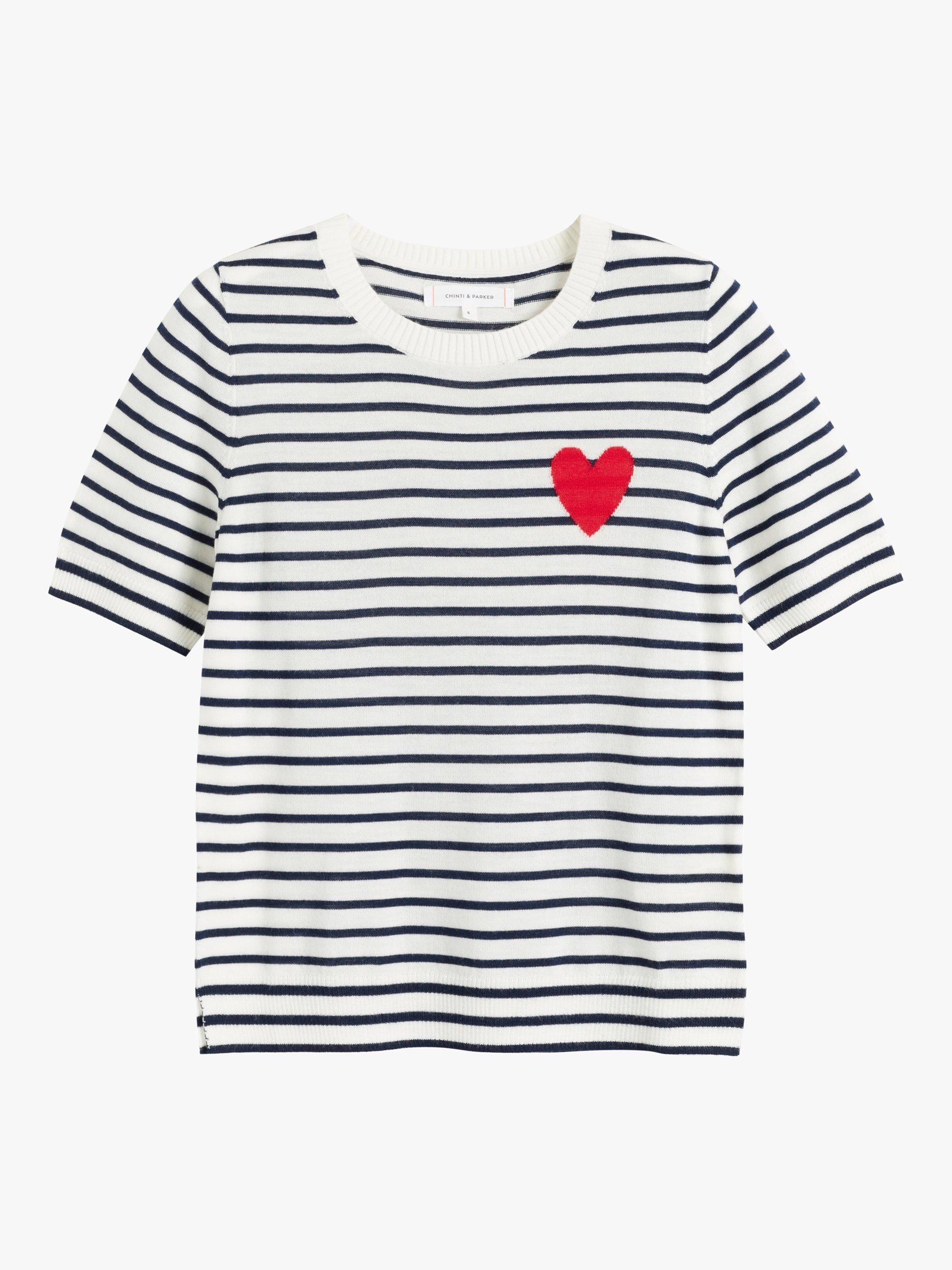 Product image 3 of 3, which shows Chinti & Parker Heart Stripe Pure Merino Wool T-Shirt, Cream/Navy/True Red, XS