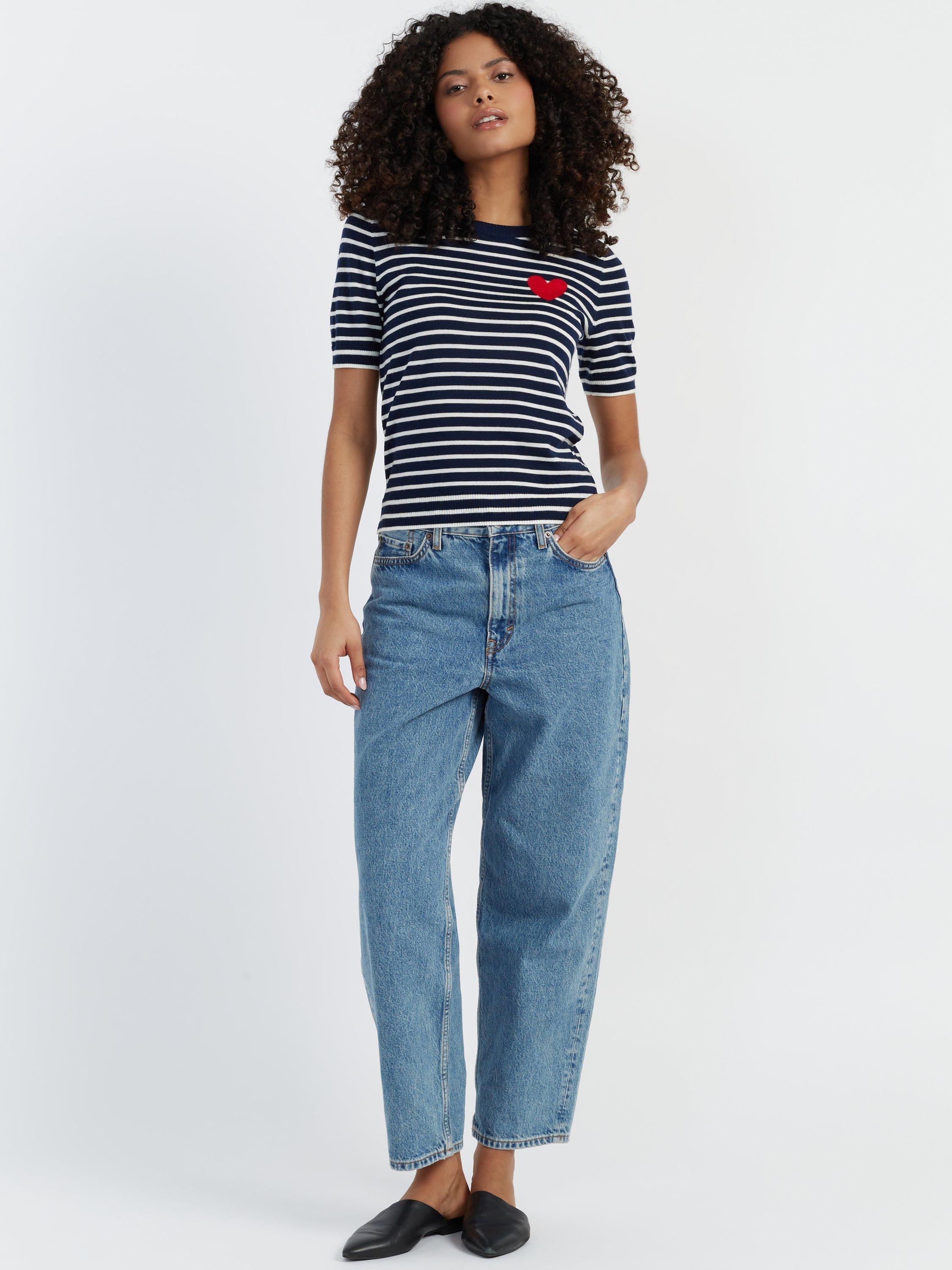 Product image 1 of 3, which shows Chinti & Parker Heart Stripe Pure Merino Wool T-Shirt, Navy/Cream/True Red, XS