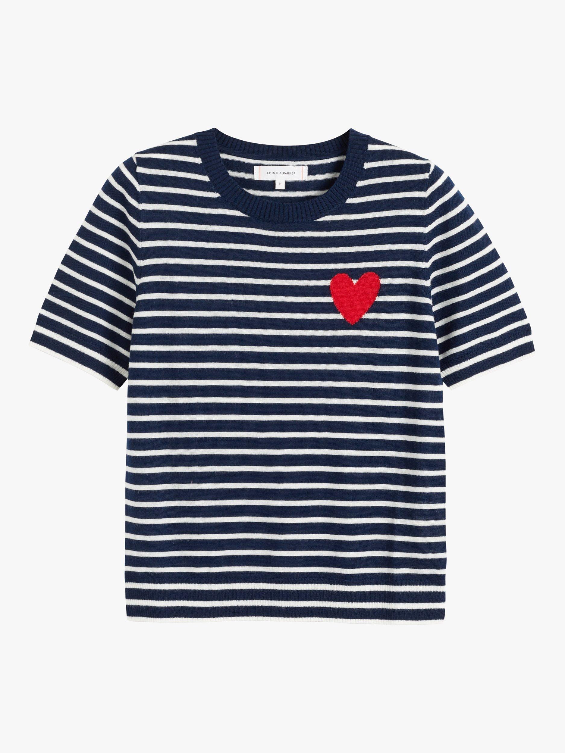 Product image 3 of 3, which shows Chinti & Parker Heart Stripe Pure Merino Wool T-Shirt, Navy/Cream/True Red, XS