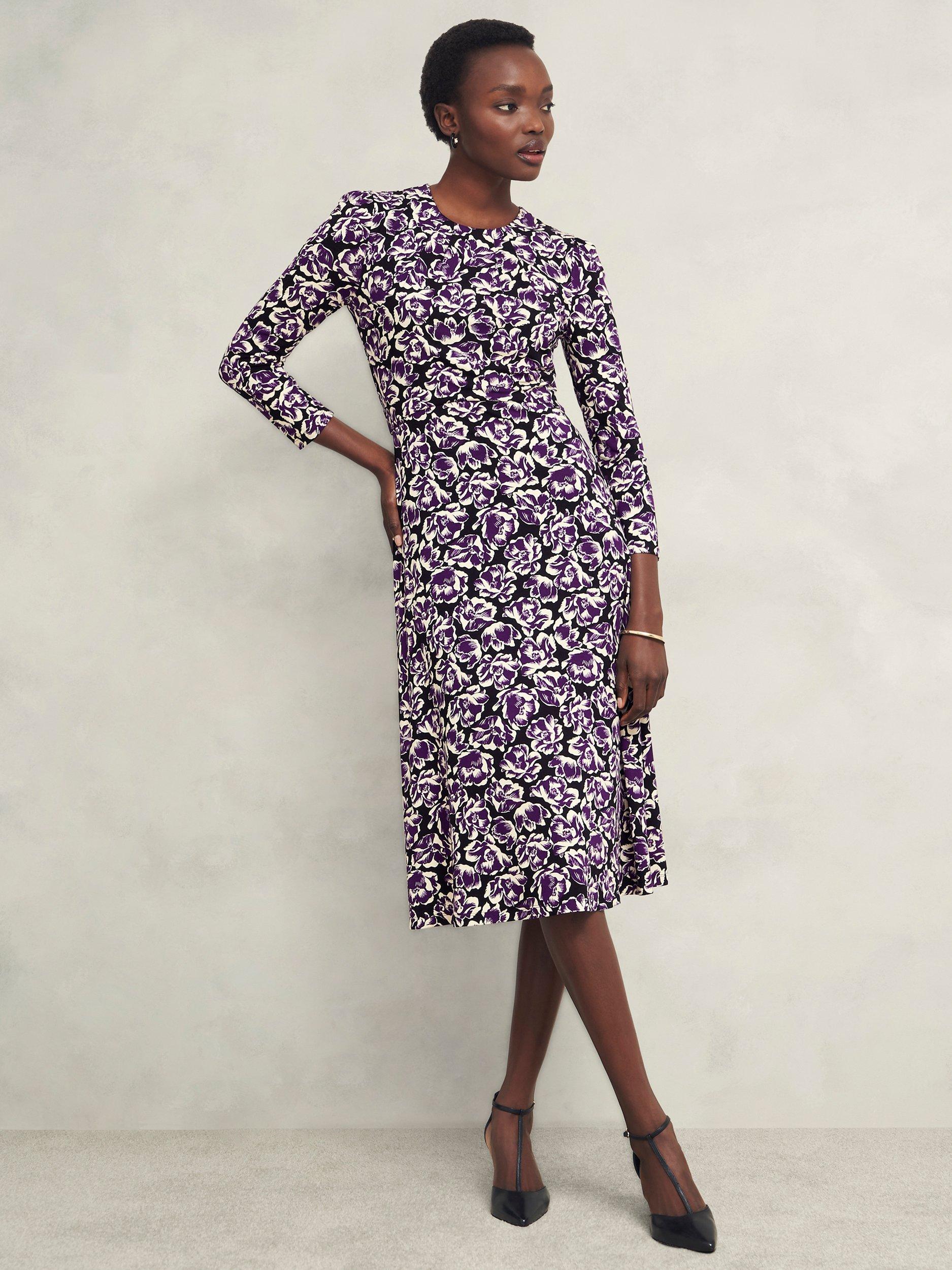 Product image 1 of 8, which shows Hobbs Petite Paige Floral Jersey Midi Dress, Purple/Multi, 10