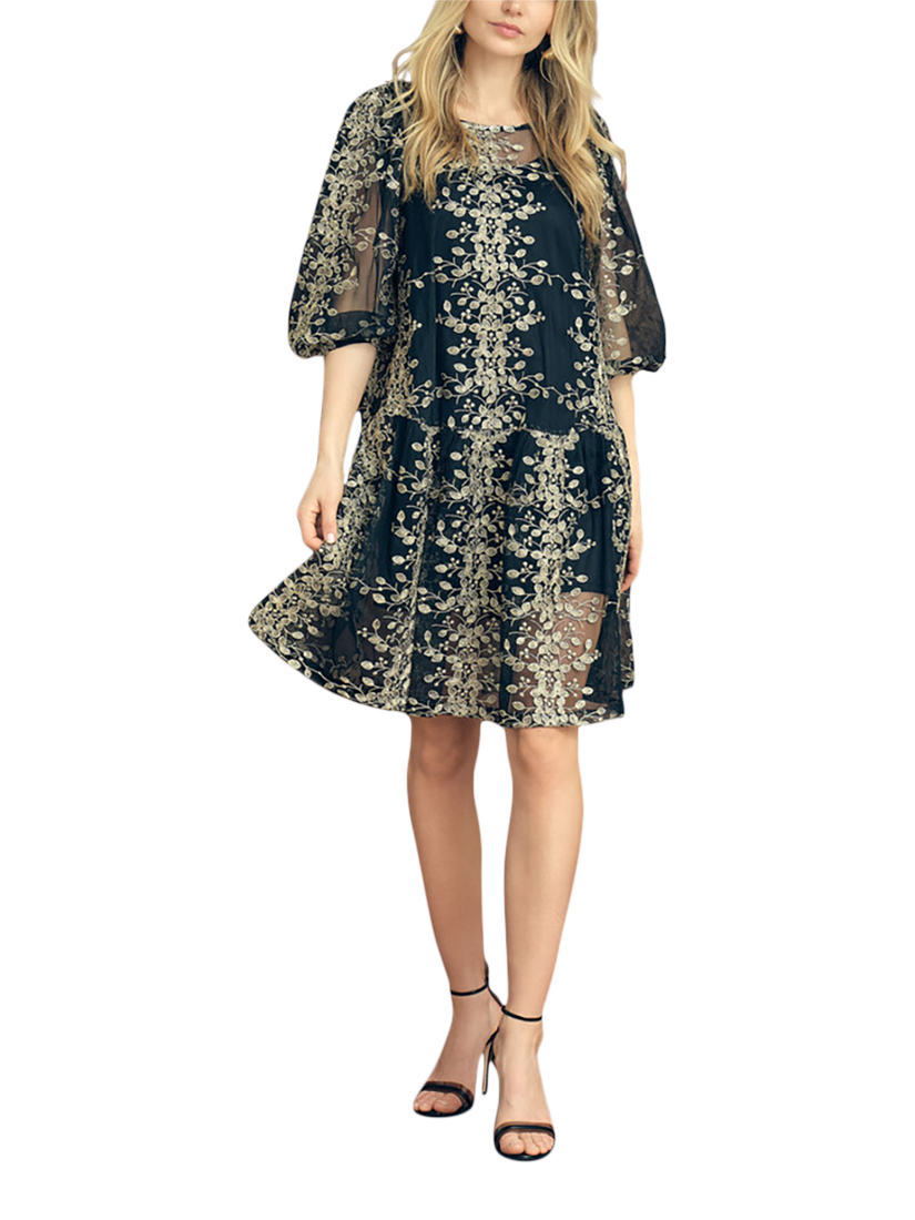 A-VIEW Fuchsia Embroidered Mini Dress, Black/Gold