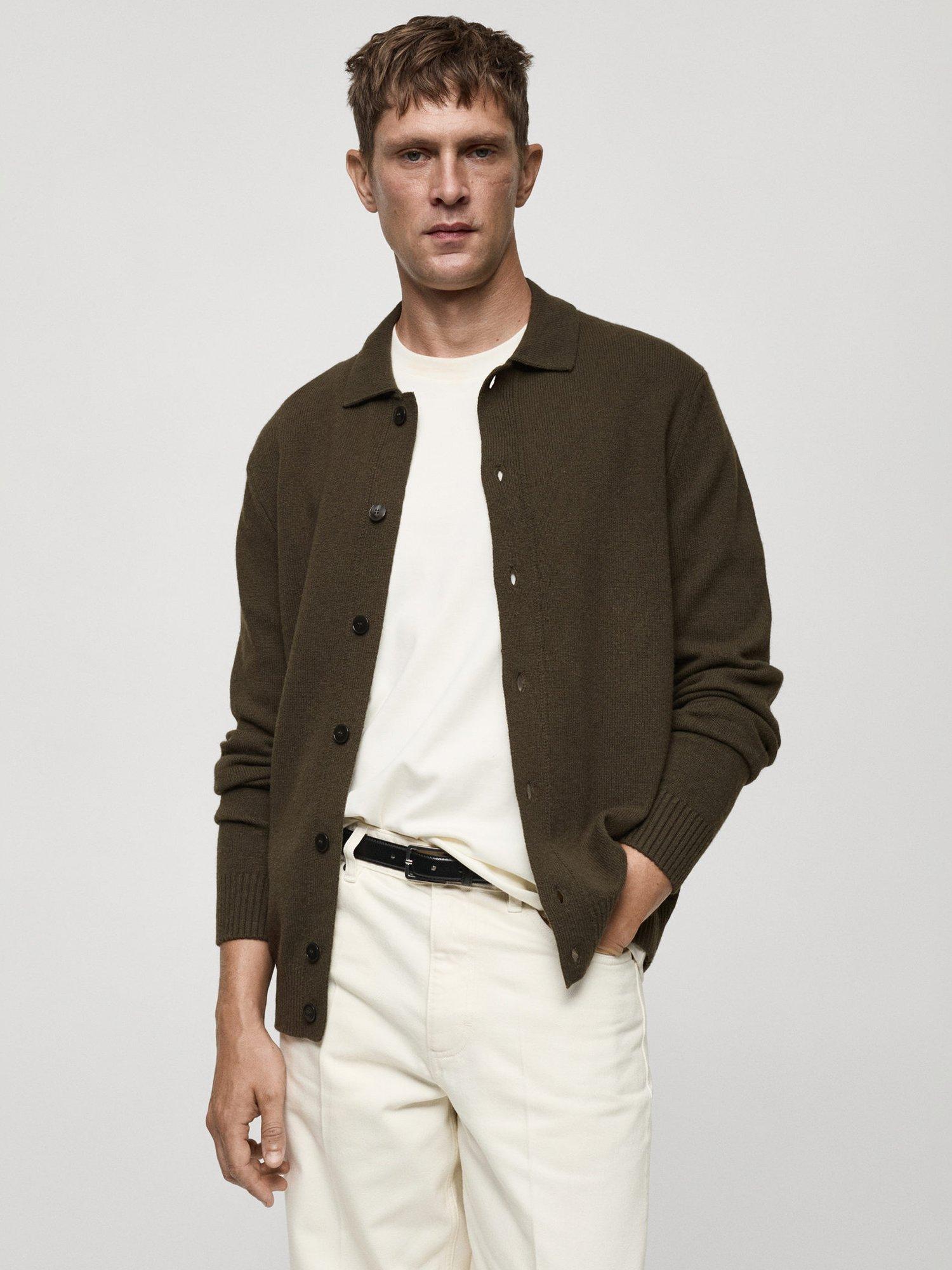Mango Lotus Wool Blend Ribbed Shirt Cardigan, Khaki