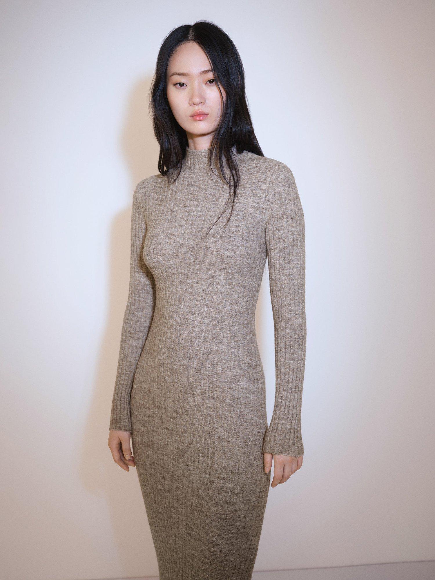 Mango Garrigo Ribbed Jumper Dress, Medium Brown