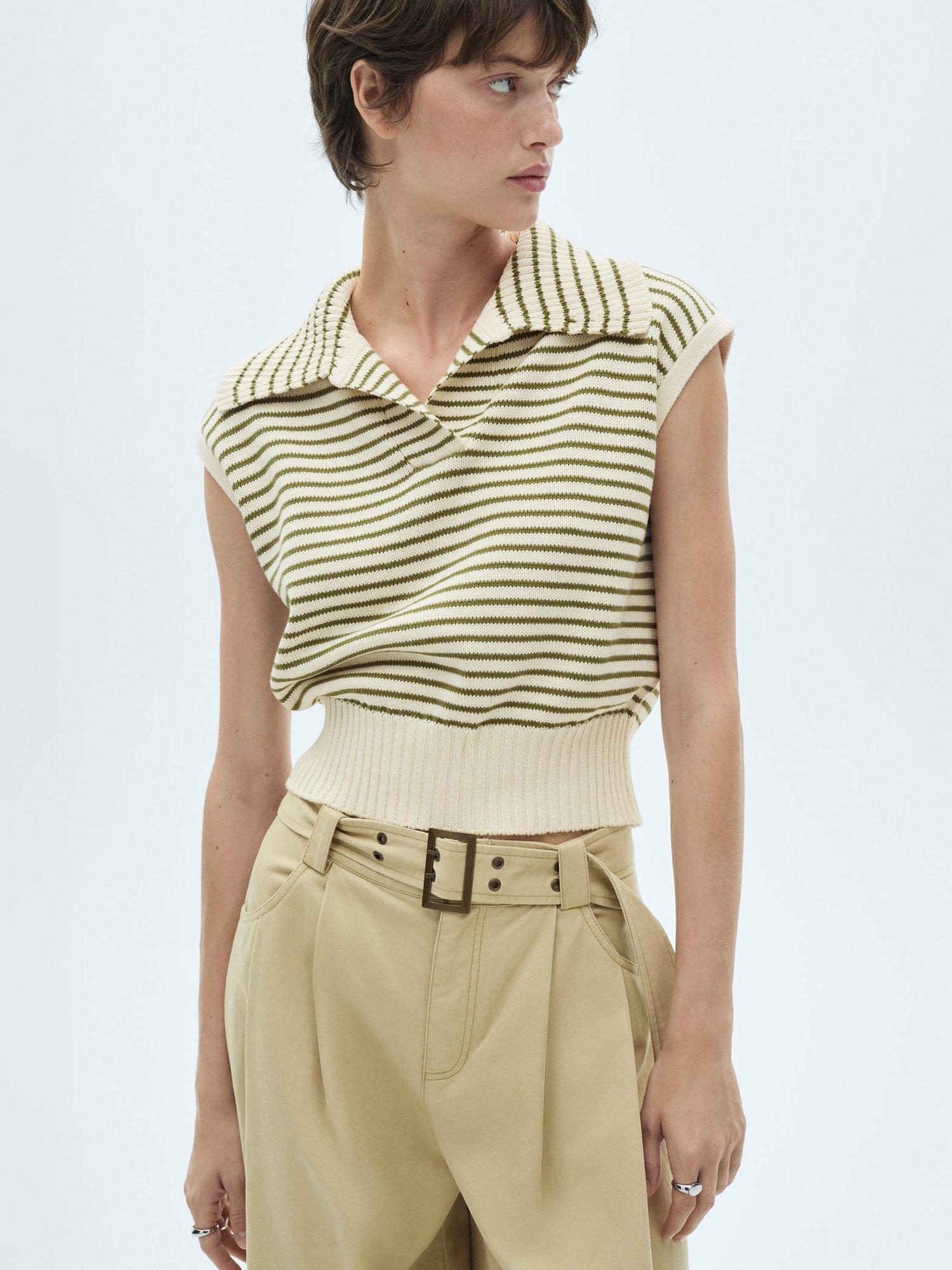 Mango Raya Stripe Sleeveless Jumper, Light Beige