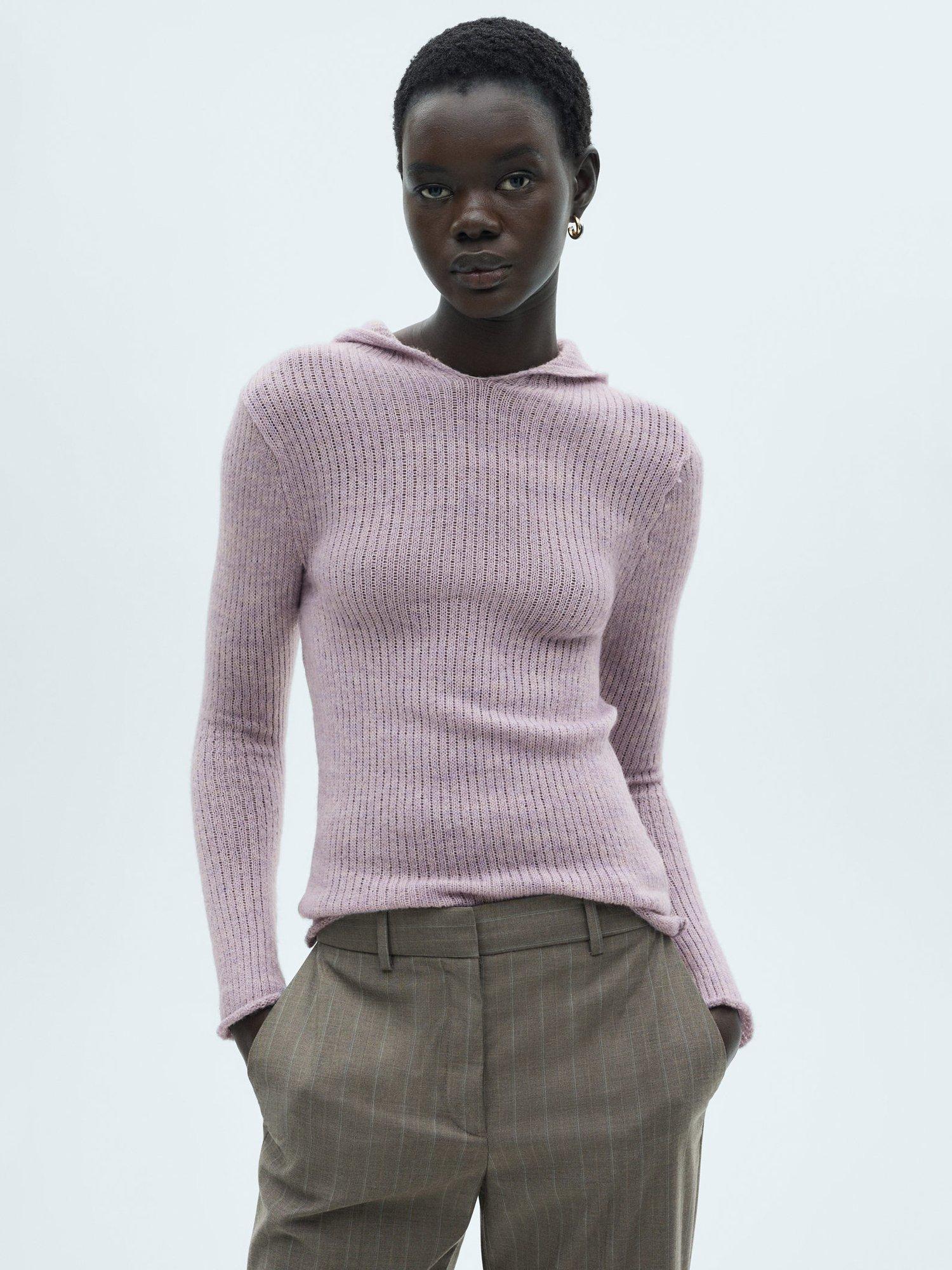 Mango Belso Cable Knit Hooded Jumper Pastel Purple