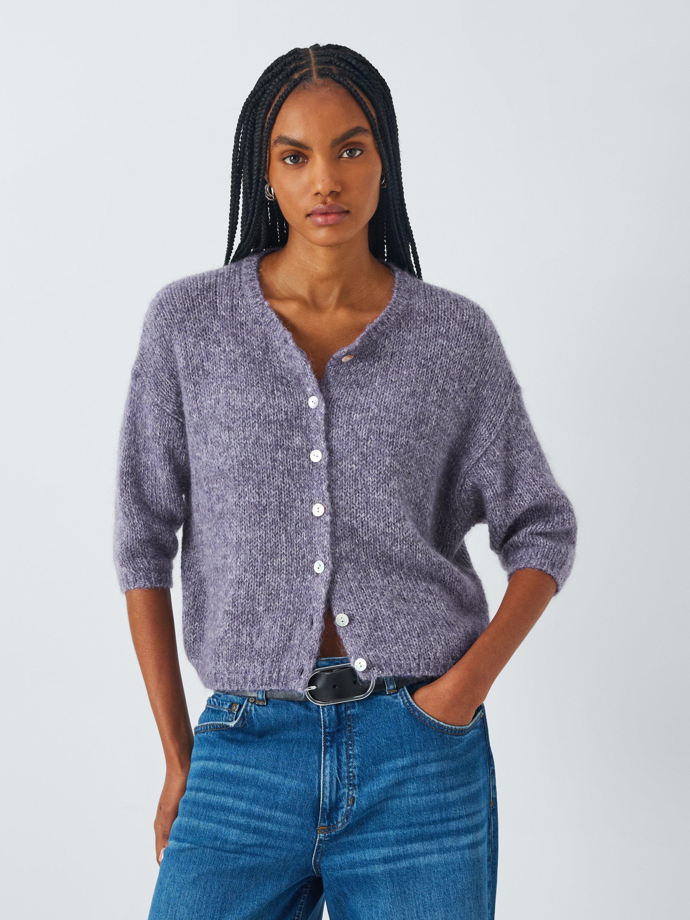 Product image 1 of 6, which shows AND/OR Poppy Fluffy Knit Cardigan, Violet Fros, XS