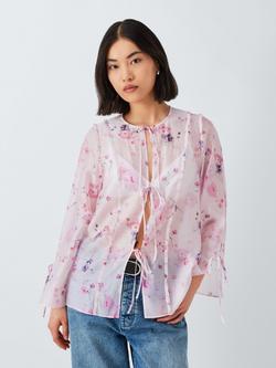 John Lewis ANYDAY Floral Sheer Tie Front Top, Pink/Multi - view 2, Pink/Multi