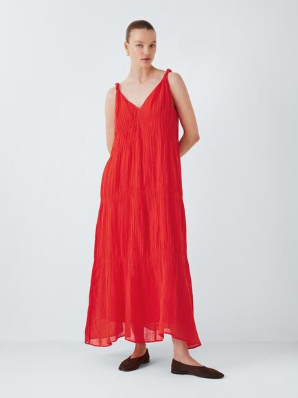 John Lewis Ramie Smocked Maxi Dress, Red, Red