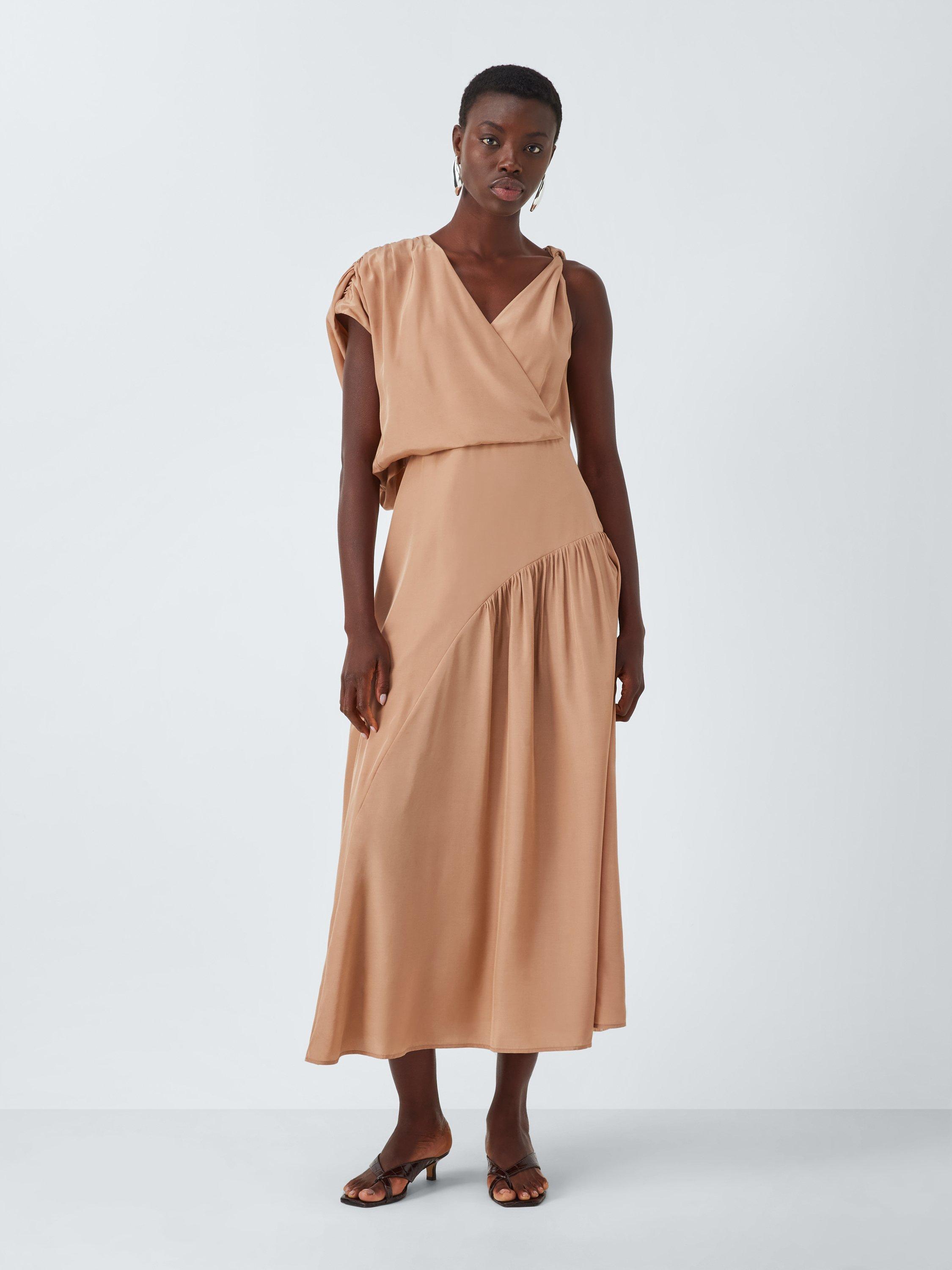 Product image 1 of 6, which shows John Lewis Editions Drape Twist Silk Tencel Blend Maxi Dress, Café Au Lait, 6