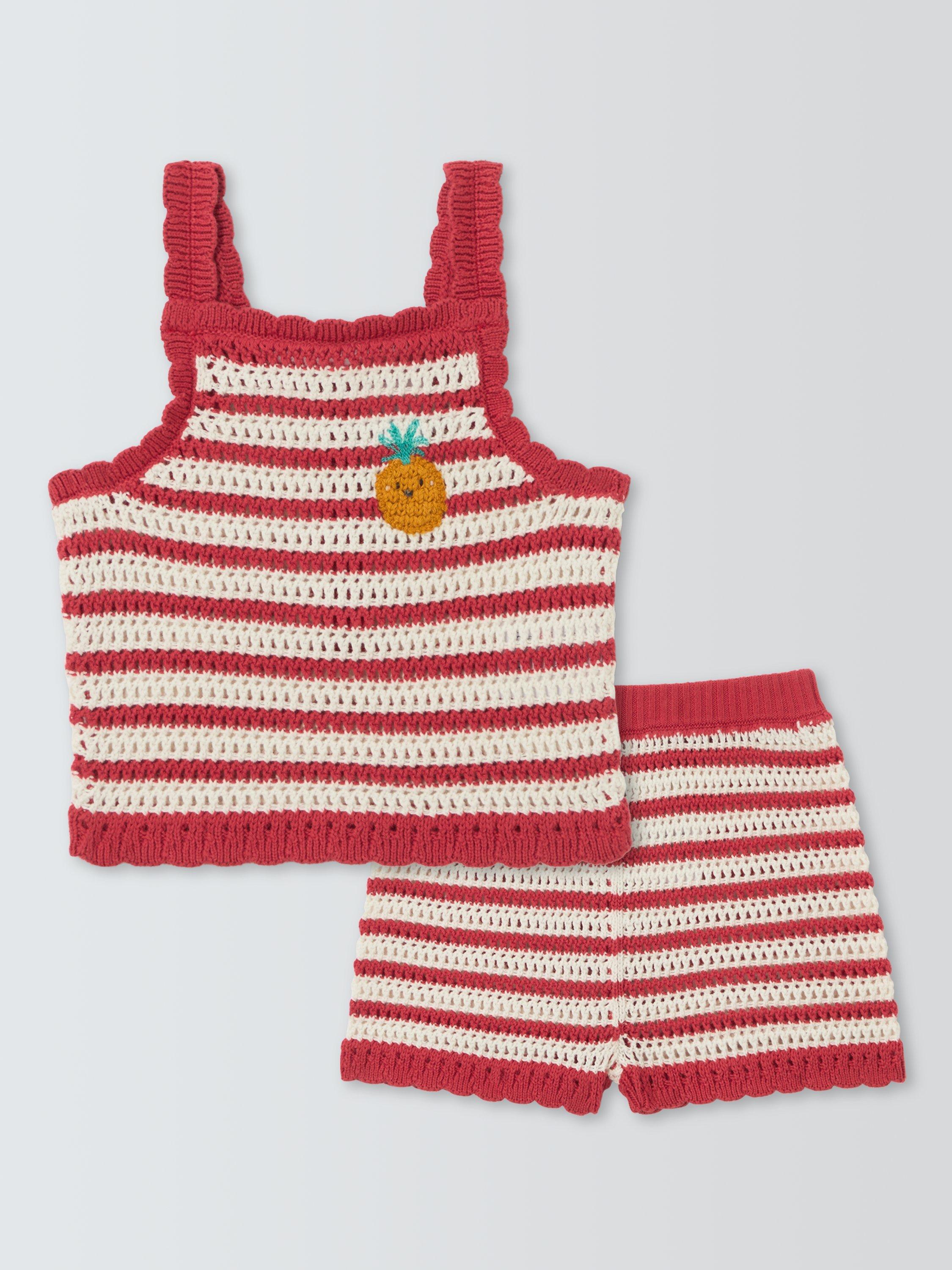 Product image 1 of 3, which shows John Lewis Baby Crochet Top and Shorts Set, Red, 0-3 months
