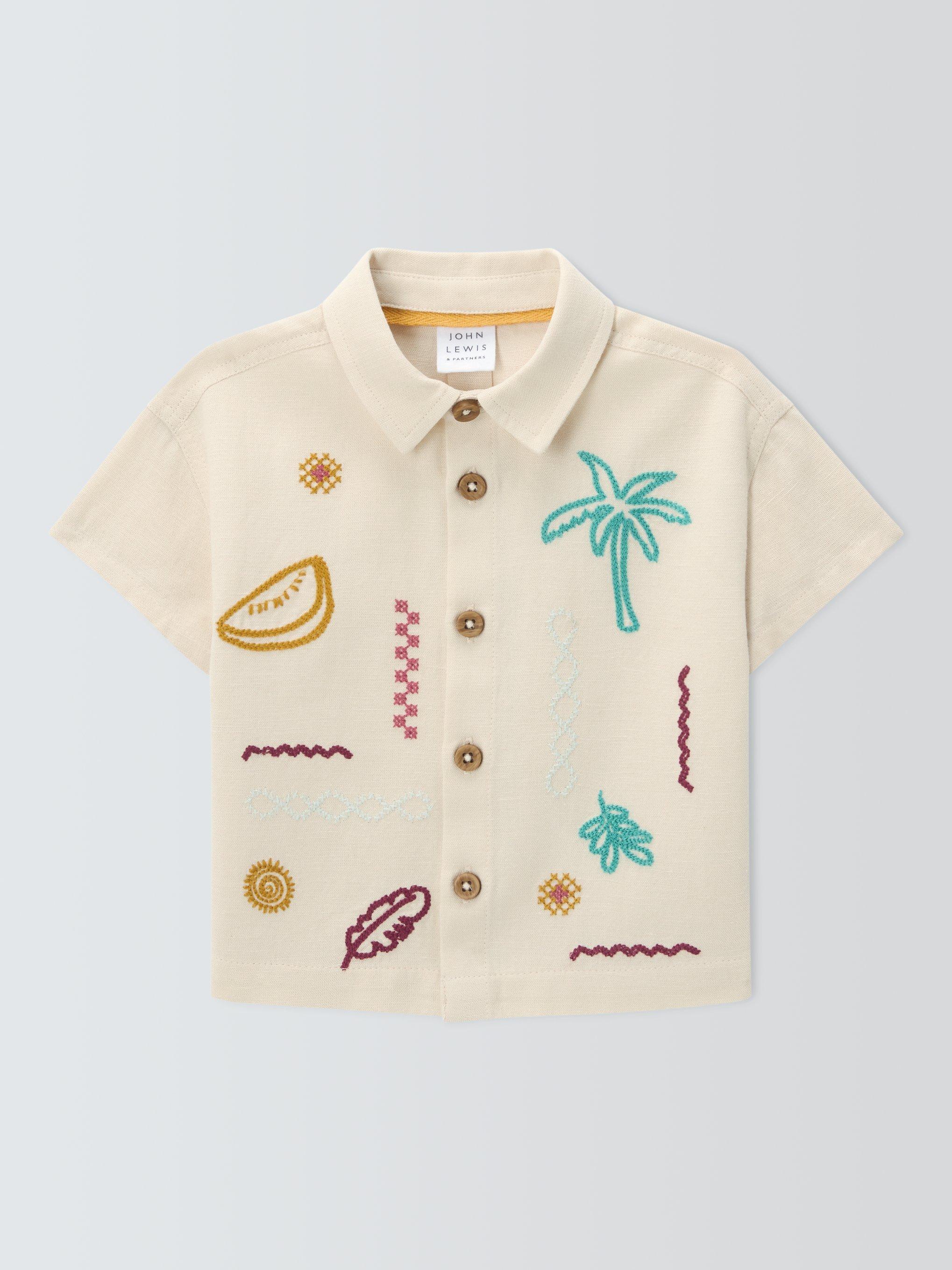 Product image 1 of 3, which shows John Lewis Baby Embroidered Linen Blend Shirt, Multi, 0-3 months