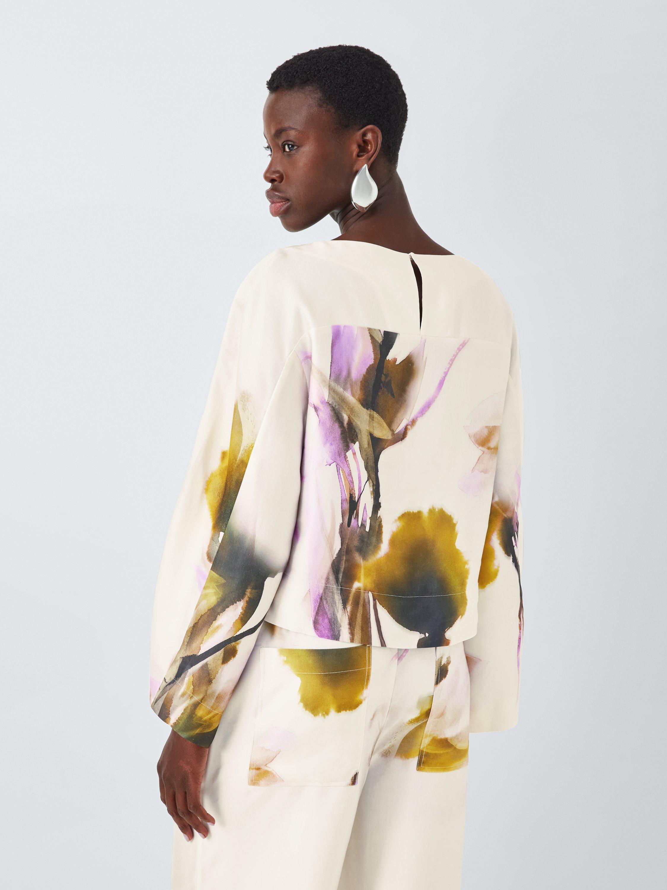 Product image 2 of 6, which shows John Lewis Editions Linen Tencel Blend Wide Sleeve Floral Print Top, Violetta Bloom, 8