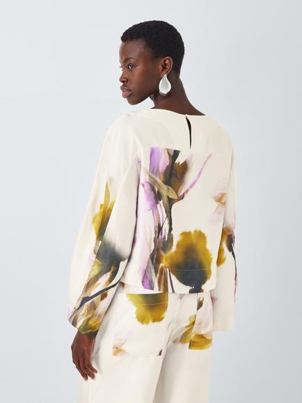 John Lewis Editions Linen Tencel Blend Wide Sleeve Floral Print Top, Violetta Bloom - view 2, Violetta Bloom