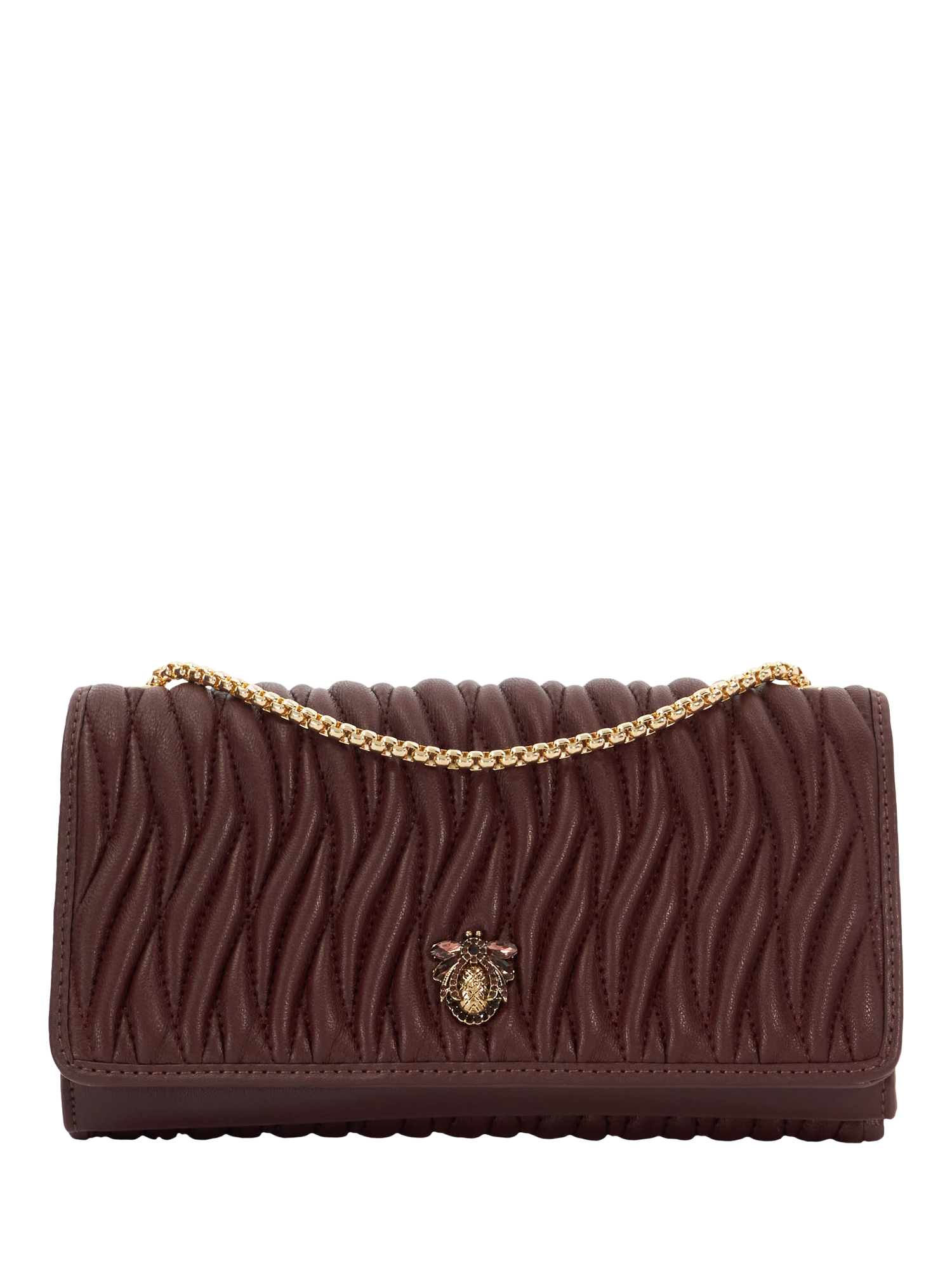 Product image 1 of 4, which shows Dune London Strong Wave Quilted Leather Crossbody Bag, Burgundy
