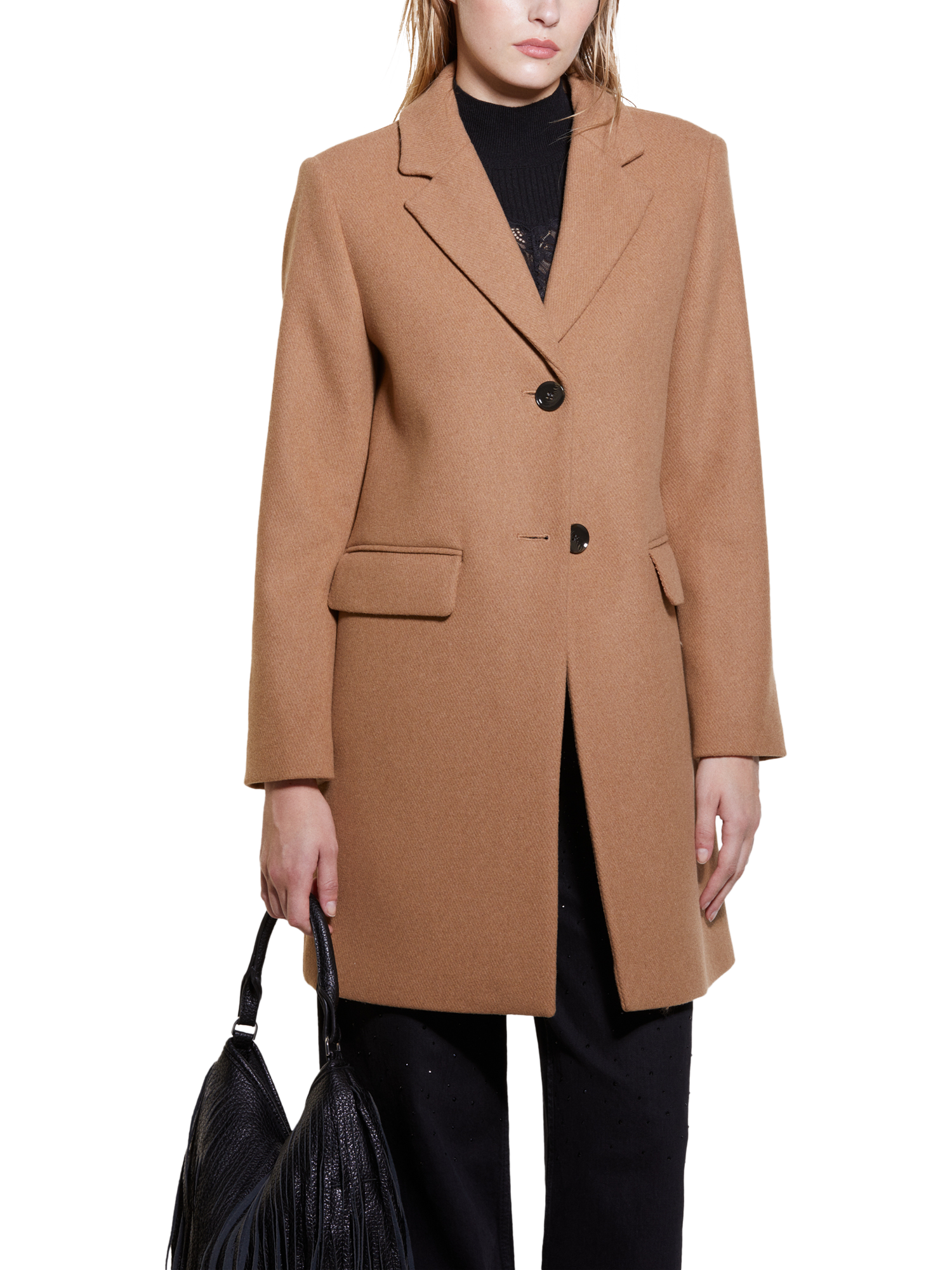 SISLEY Single Breasted Wool Blend Coat Camel