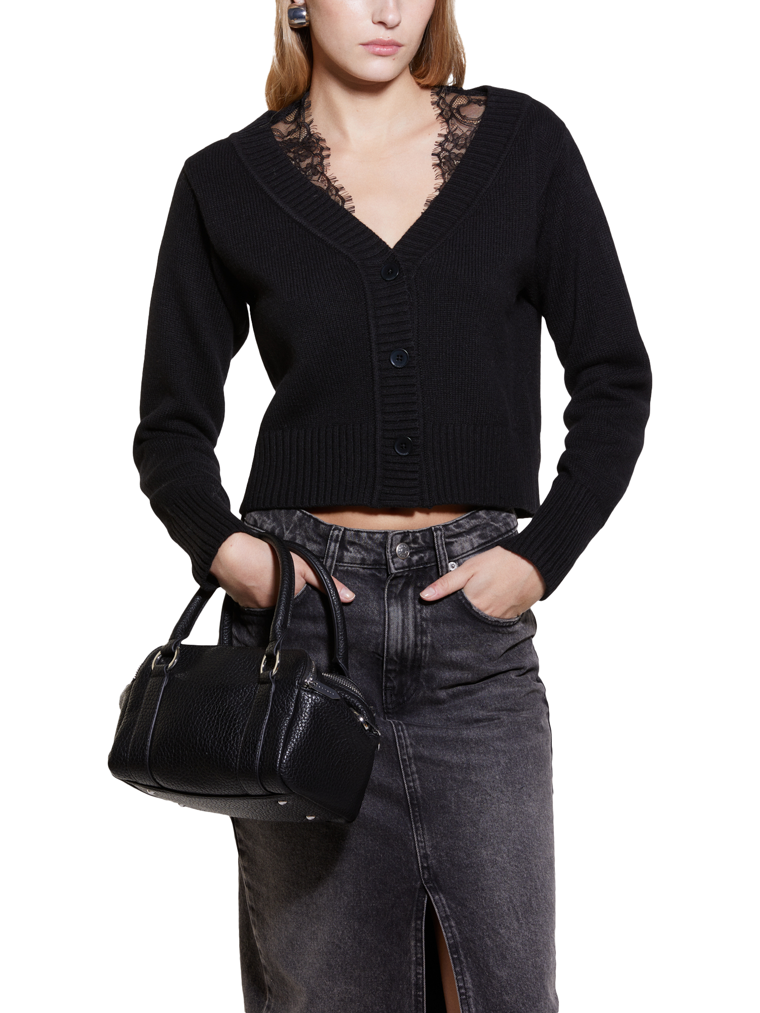 Product image 1 of 4, which shows SISLEY Lace Trim Wool Blend Cardigan, Black, L