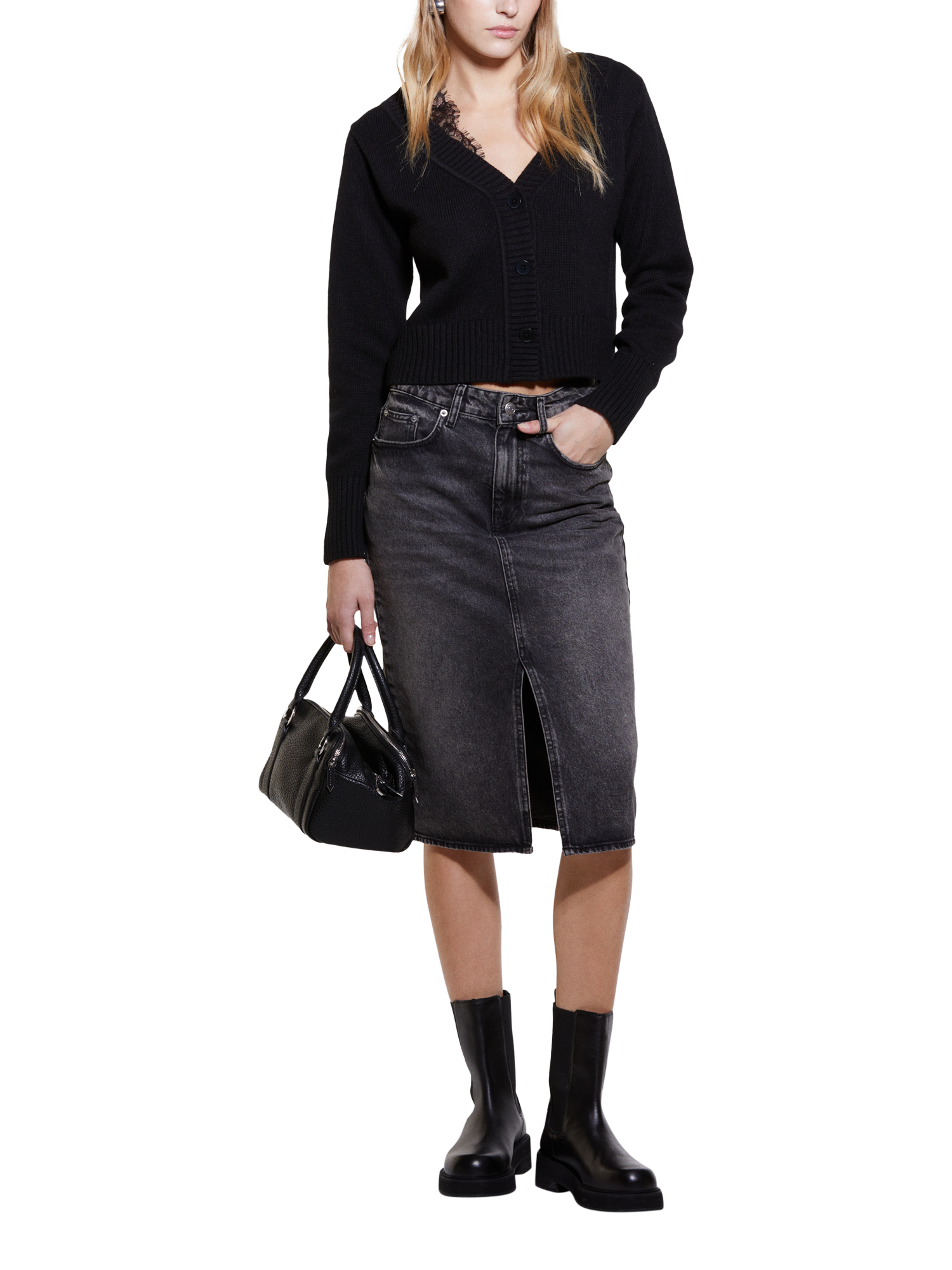 Product image 3 of 4, which shows SISLEY Lace Trim Wool Blend Cardigan, Black, L