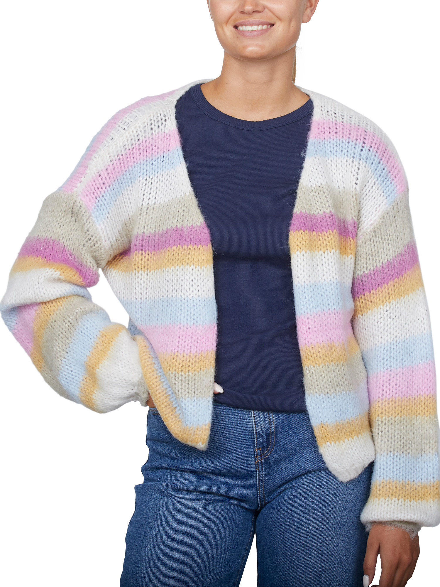 Product image 1 of 4, which shows Sisters Point Lidar Stripe Cardigan, Pink/Multi, S