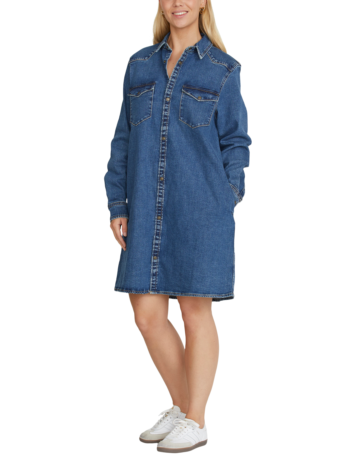 Product image 1 of 4, which shows Sisters Point Onea Denim Long Sleeve Shirt Midi Dress, Mid Blue Wash, XS