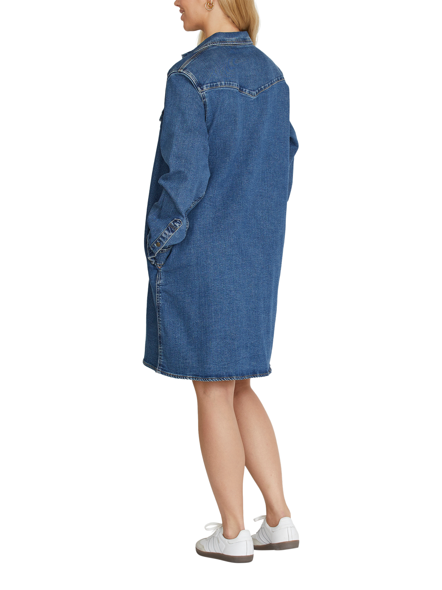 Product image 2 of 4, which shows Sisters Point Onea Denim Long Sleeve Shirt Midi Dress, Mid Blue Wash, XS