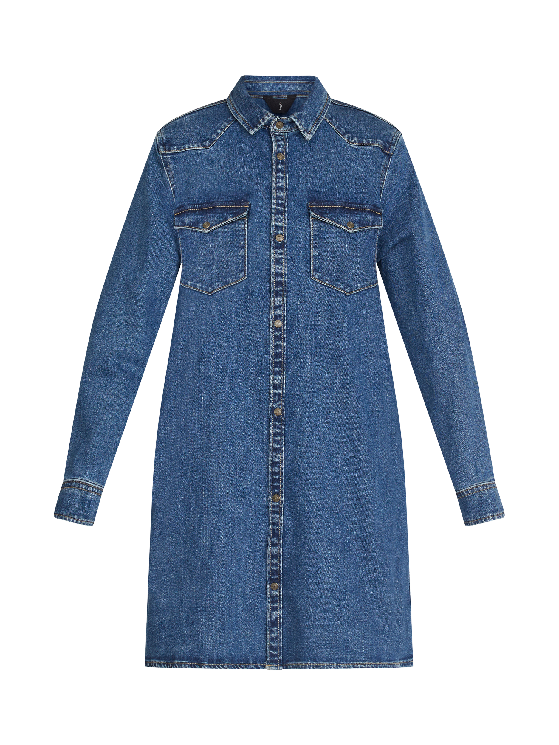 Product image 3 of 4, which shows Sisters Point Onea Denim Long Sleeve Shirt Midi Dress, Mid Blue Wash, XS