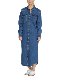 Sisters Point Onea Denim Long Sleeve Shirt Maxi Dress, Mid Blue Wash, Mid Blue Wash