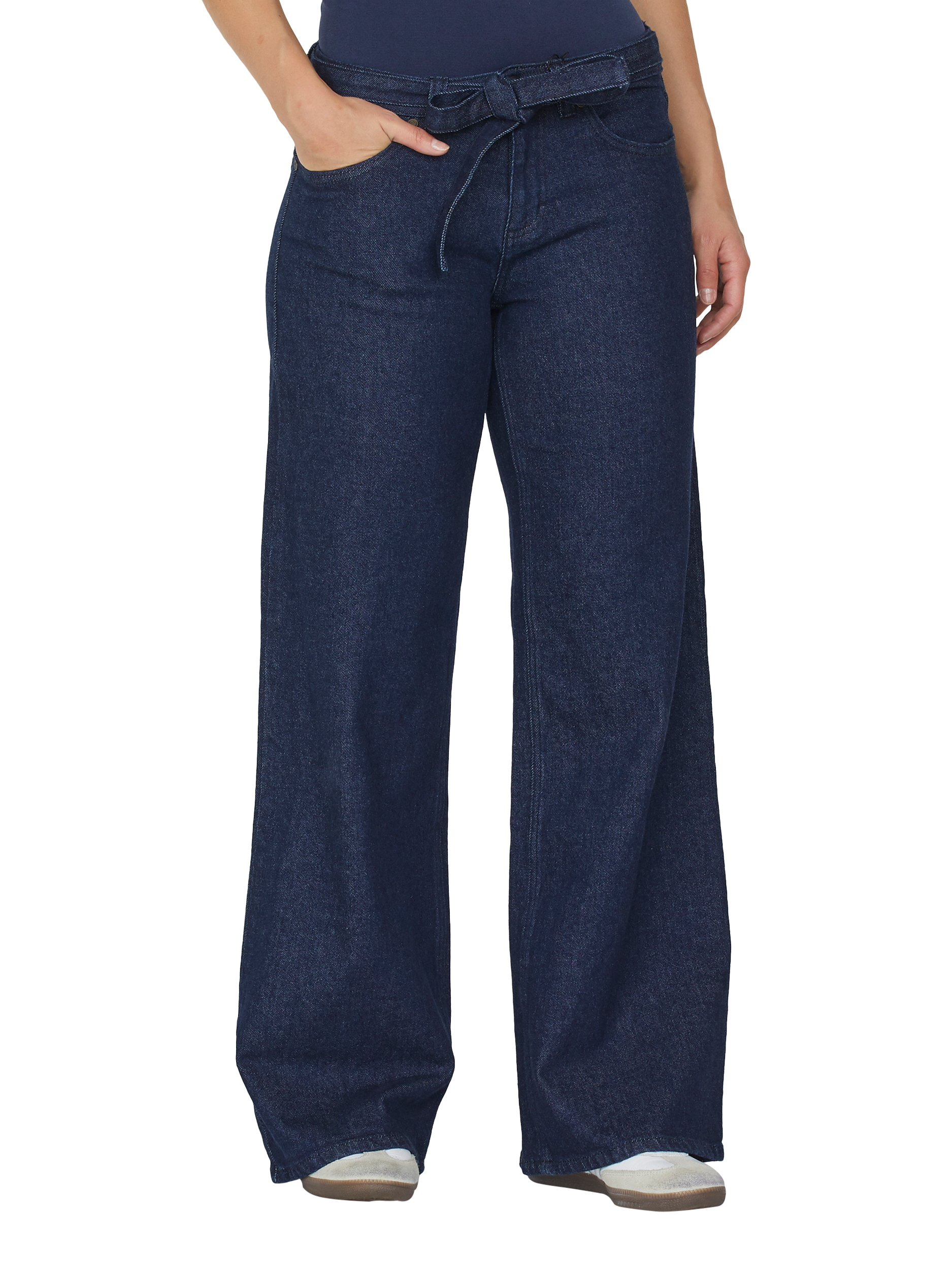 Product image 1 of 4, which shows Sisters Point Onea Tie Waist Wide Leg Jeans, Unwashed Blue, XS