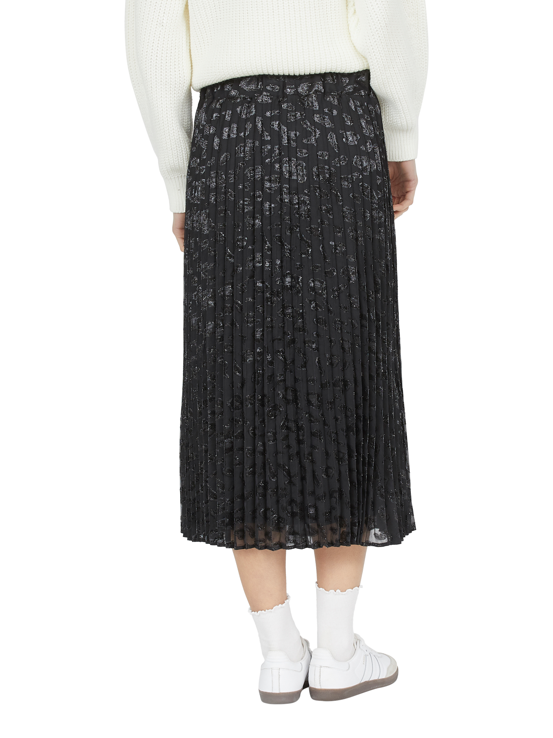 Product image 2 of 4, which shows Sisters Point Malou Animal Jacquard Pleated Midi Skirt, Black/Silver, XS