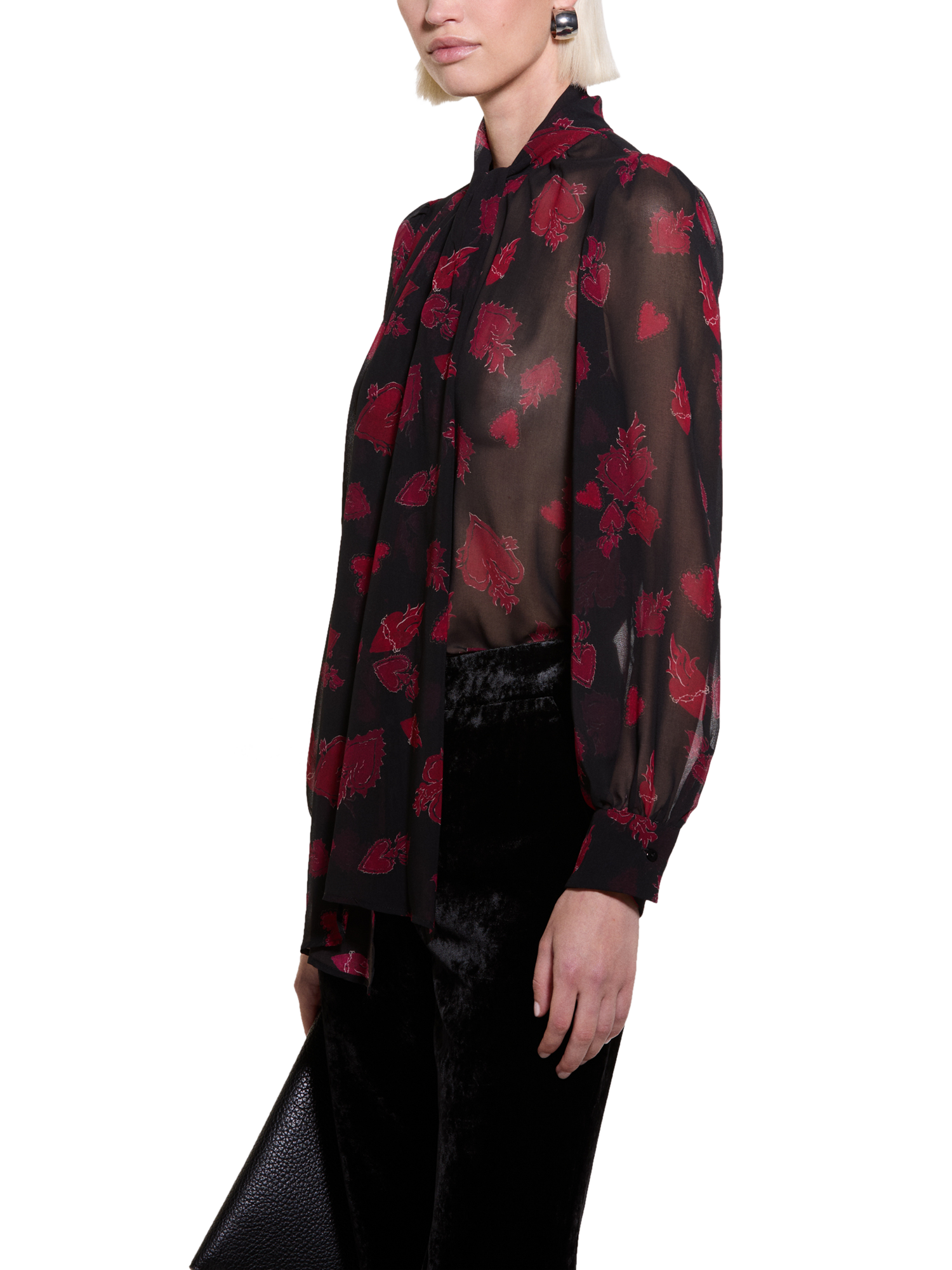 Product image 1 of 5, which shows SISLEY Heart Print Chiffon Blouse, Black/Multi, XS