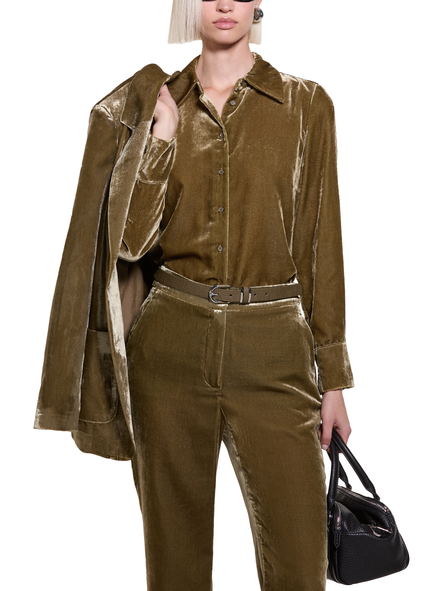 Product image 1 of 5, which shows SISLEY Velvet Long Sleeve Shirt, Olive Green, XS