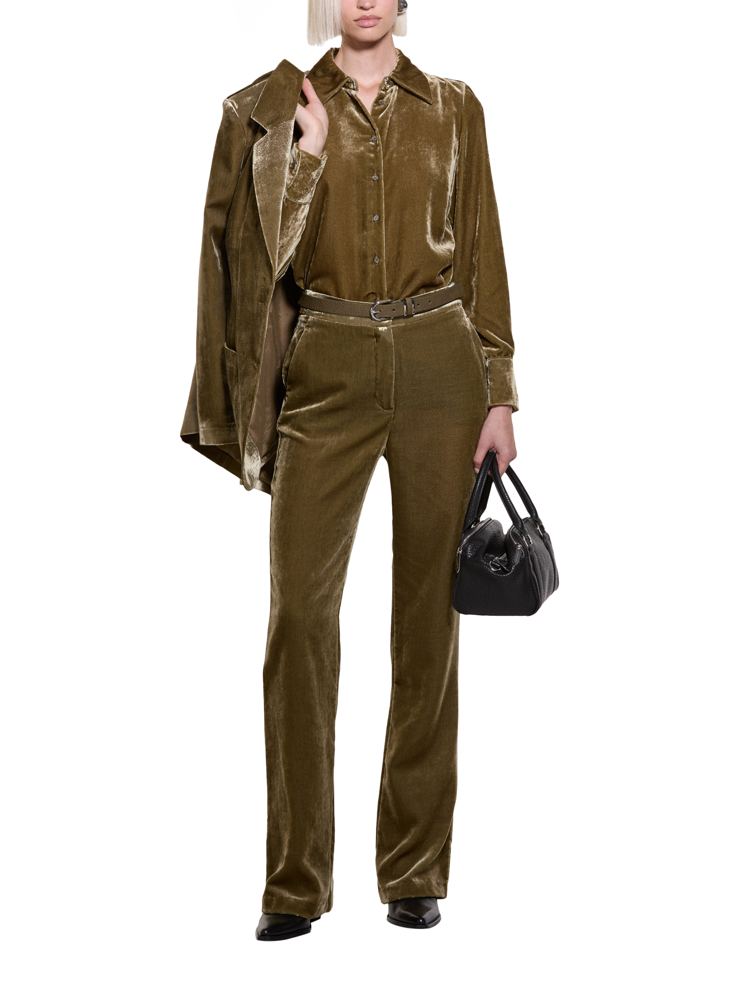 Product image 3 of 5, which shows SISLEY Velvet Long Sleeve Shirt, Olive Green, XS