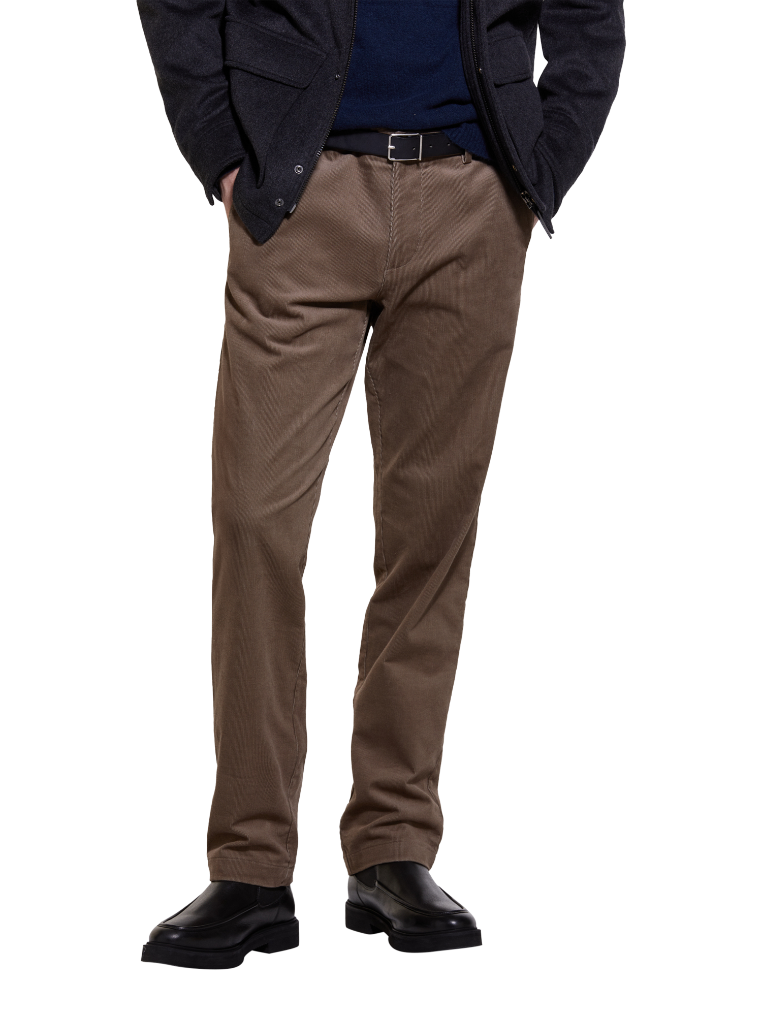 Product image 1 of 5, which shows SISLEY Ribbed Velvet Straight Trousers, Brown, 30R