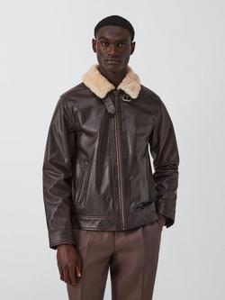 John Lewis Shearling Collar Leather Aviator Jacket, Brown, Brown