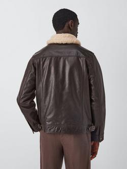 John Lewis Shearling Collar Leather Aviator Jacket, Brown - view 2, Brown