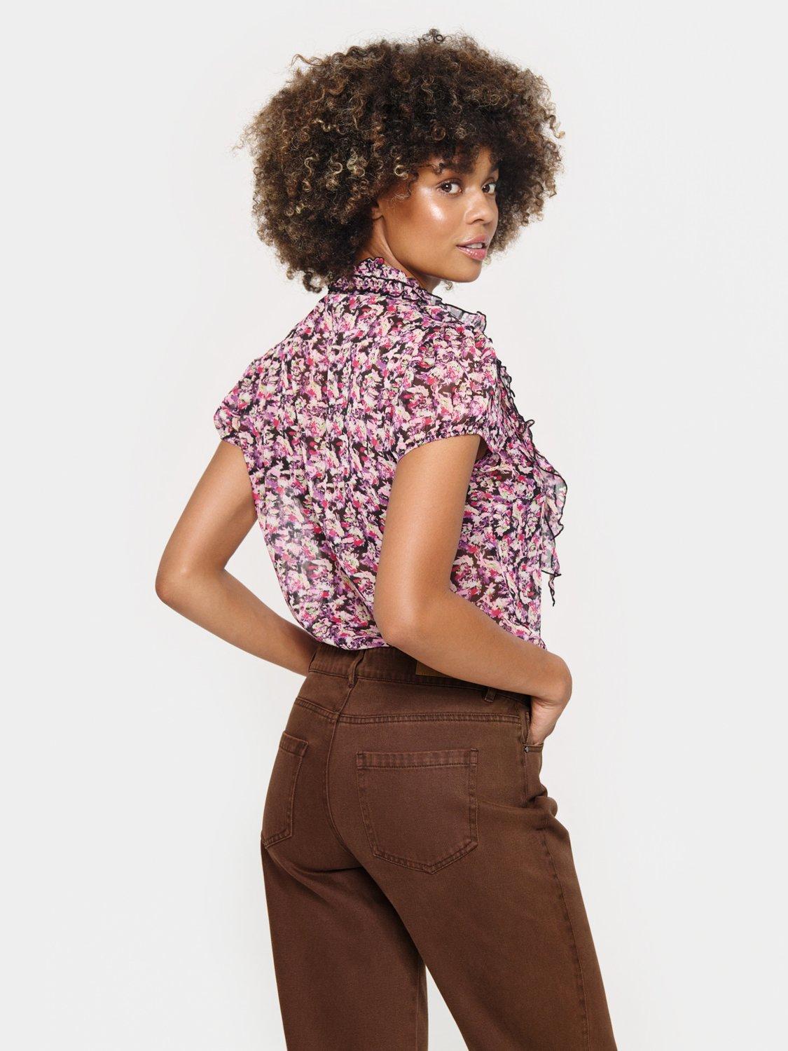 Product image 2 of 6, which shows Saint Tropez Lilja Floral Ruffle Sheer Shirt, Black/Multi, M