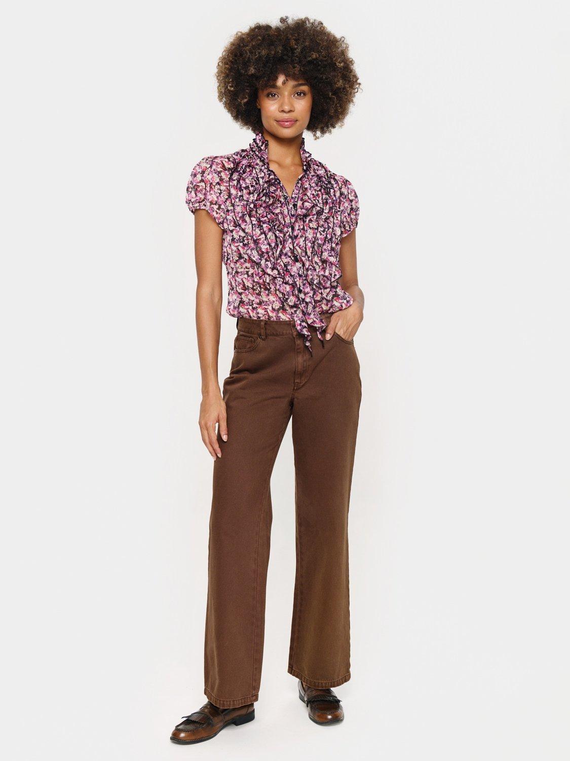 Product image 3 of 6, which shows Saint Tropez Lilja Floral Ruffle Sheer Shirt, Black/Multi, M