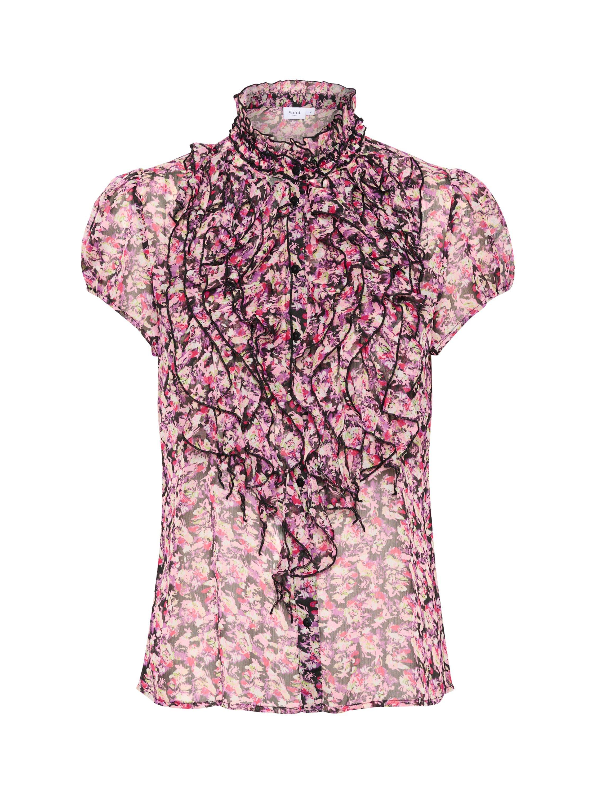 Product image 5 of 6, which shows Saint Tropez Lilja Floral Ruffle Sheer Shirt, Black/Multi, M