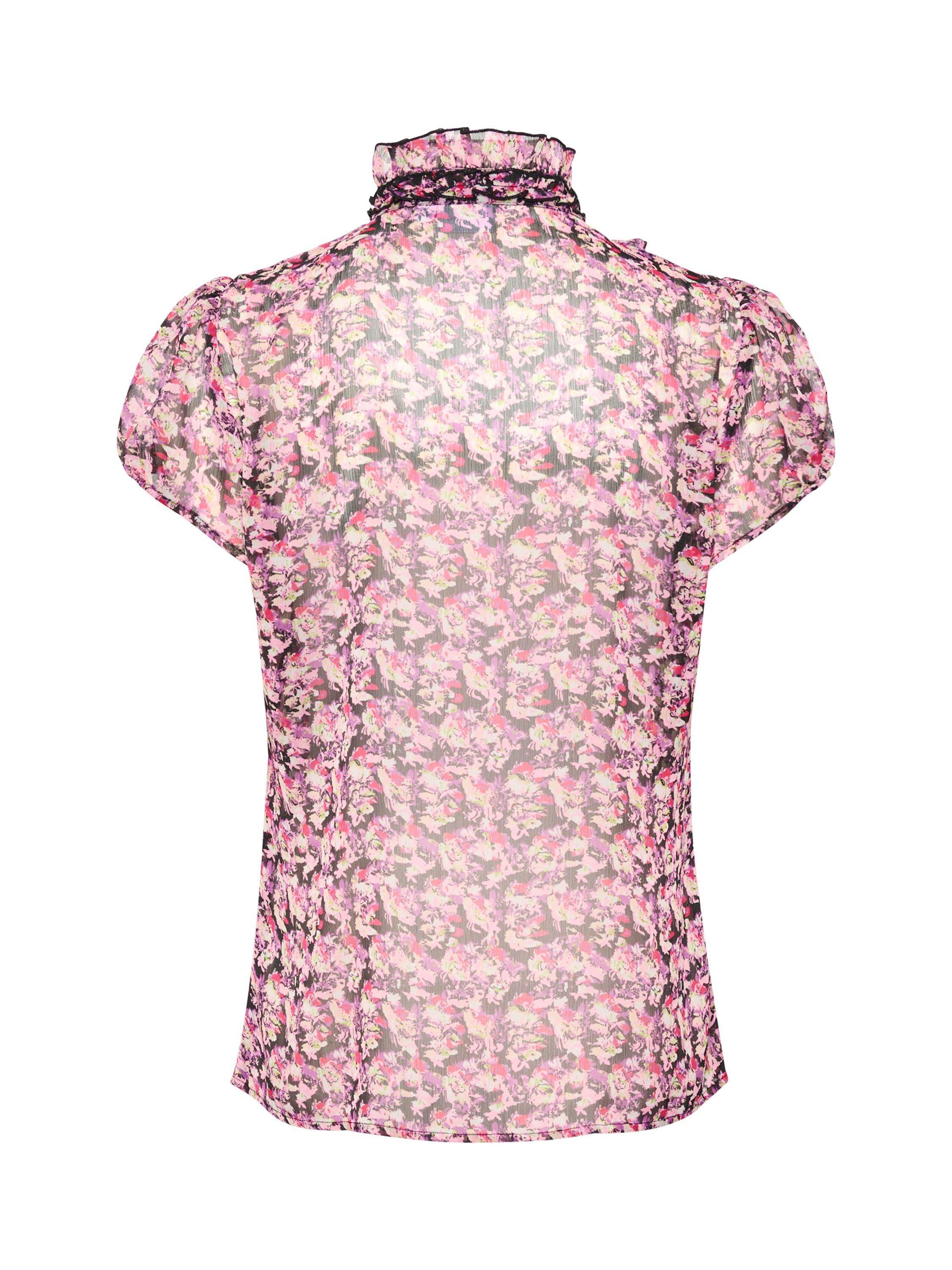 Product image 6 of 6, which shows Saint Tropez Lilja Floral Ruffle Sheer Shirt, Black/Multi, M